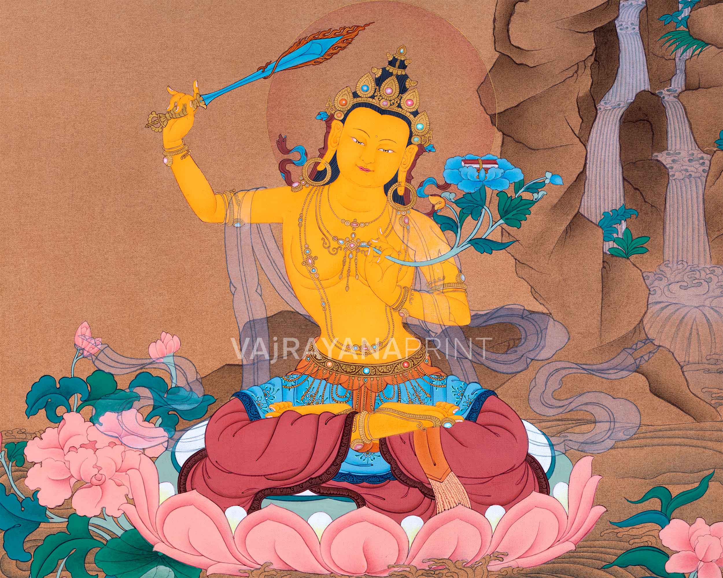 Bodhisattva Of Wisdom Manjushri Thangka Print | Manjushree For Wall Decor | Tibetan Buddhism