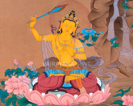 Bodhisattva Of Wisdom Manjushri Thangka Print | Manjushree For Wall Decor | Tibetan Buddhism
