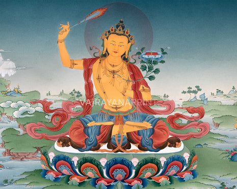 Divine Manjushri Thangka Print for Yoga Practice | Manjushri Symbol of Wisdom and Compassion Wall Hanging | Nepal Art