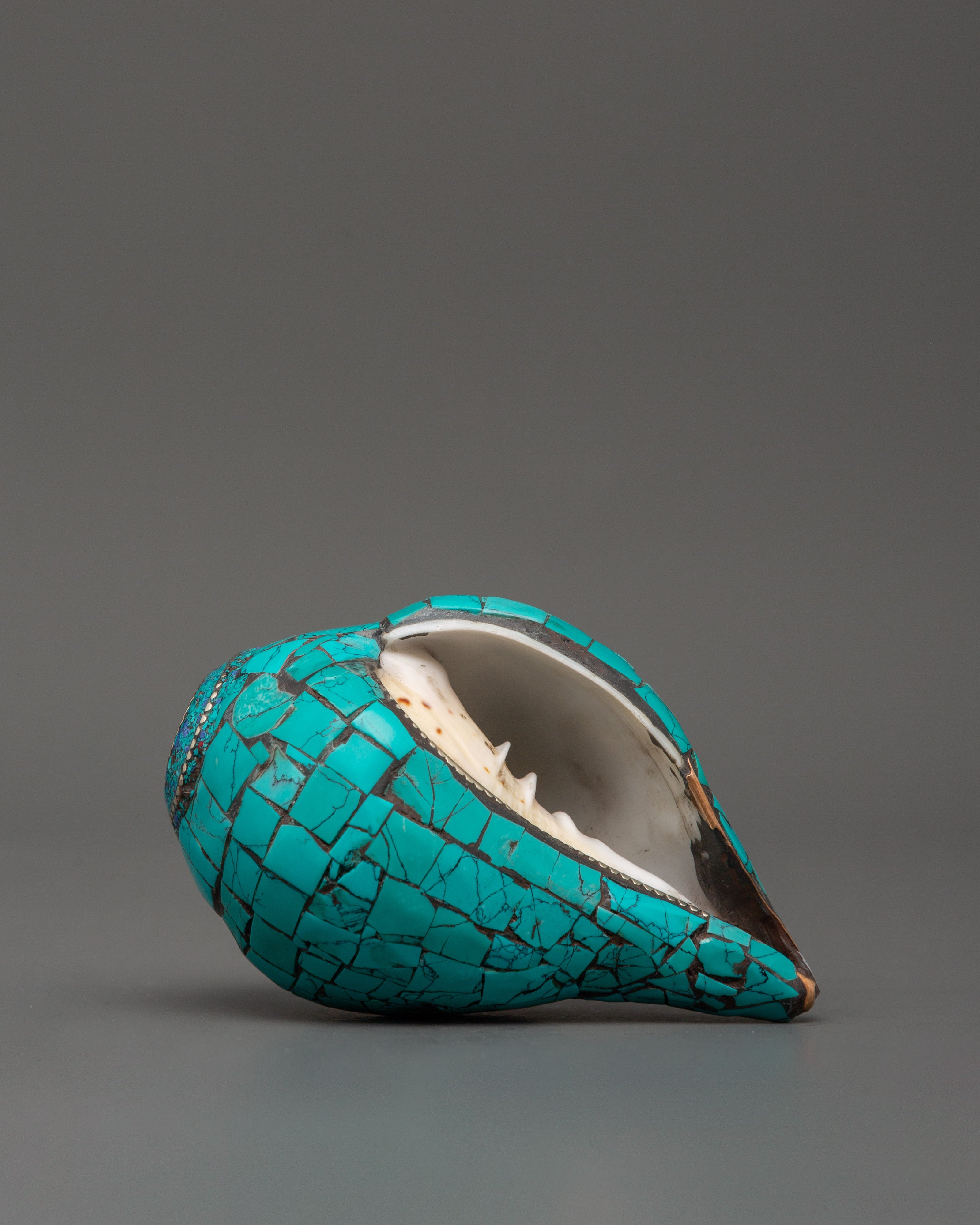 Conch Shell With Turquoise and Coral Stones | Buddhist Ritual Conch