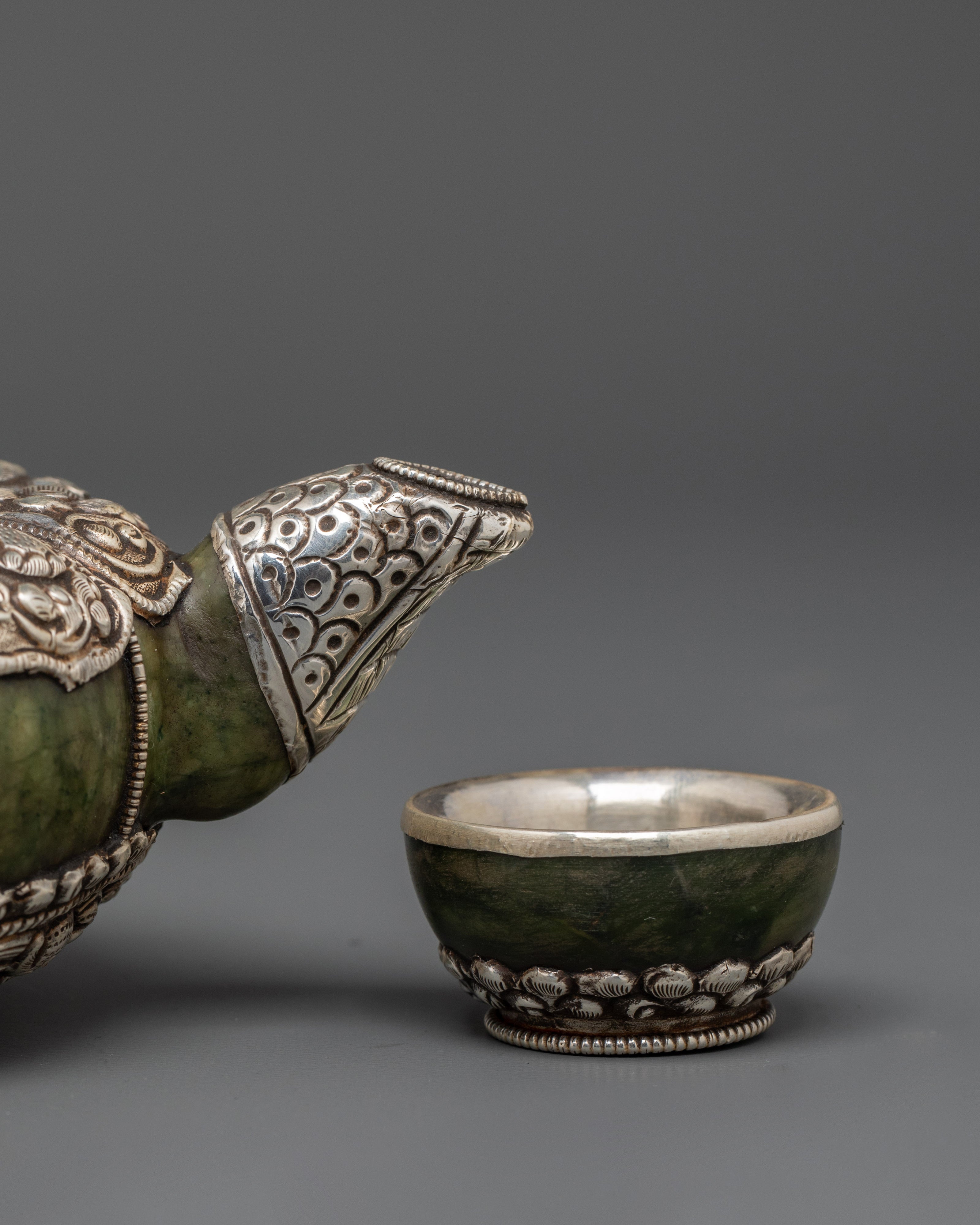 Handcrafted Tibetan Teapot & Offering Bowl Set | Green Jade & Silver Tea Set