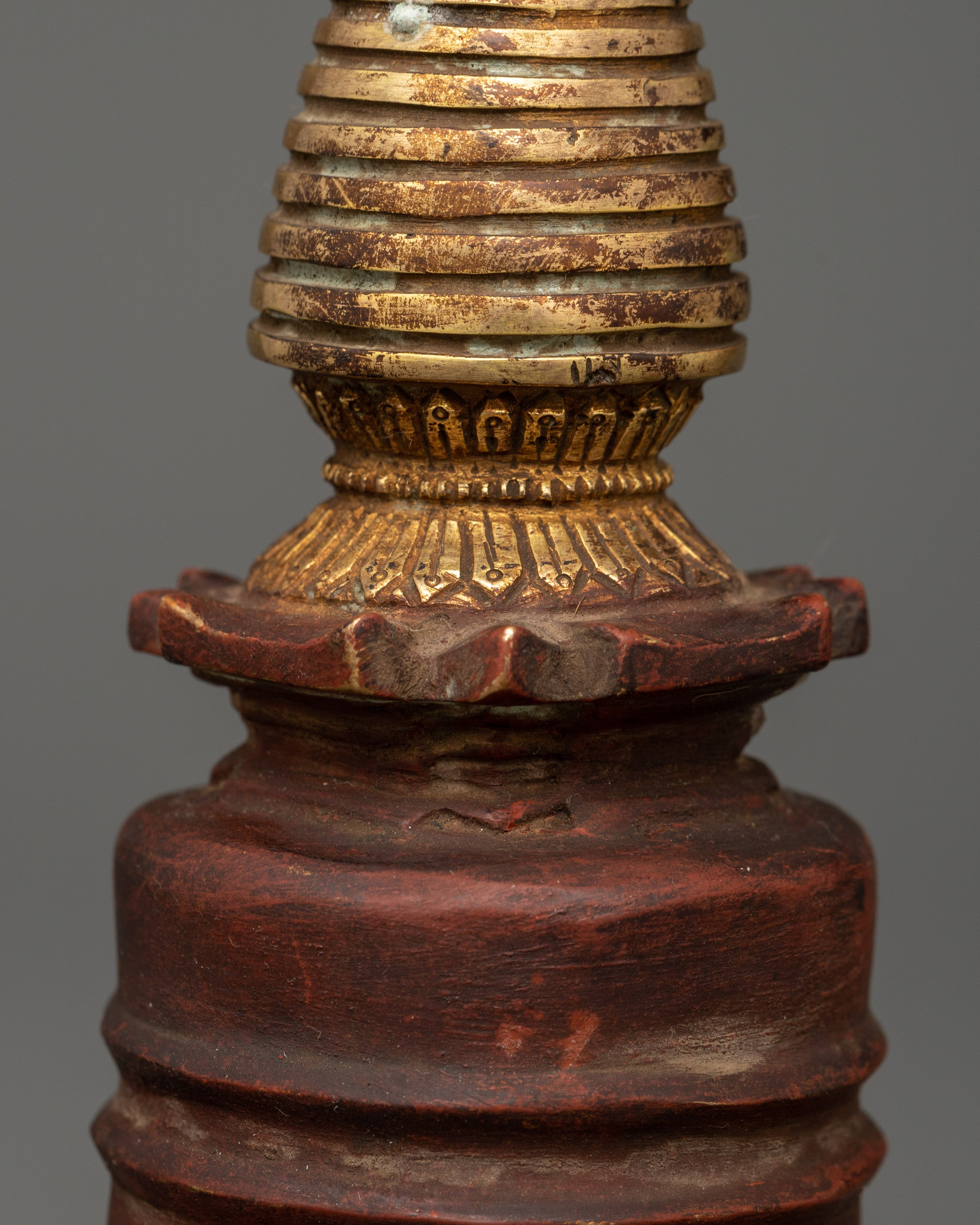 Oxidized Copper Stupa with Gold Plating | Antique Finish Buddhist Sacred Symbol