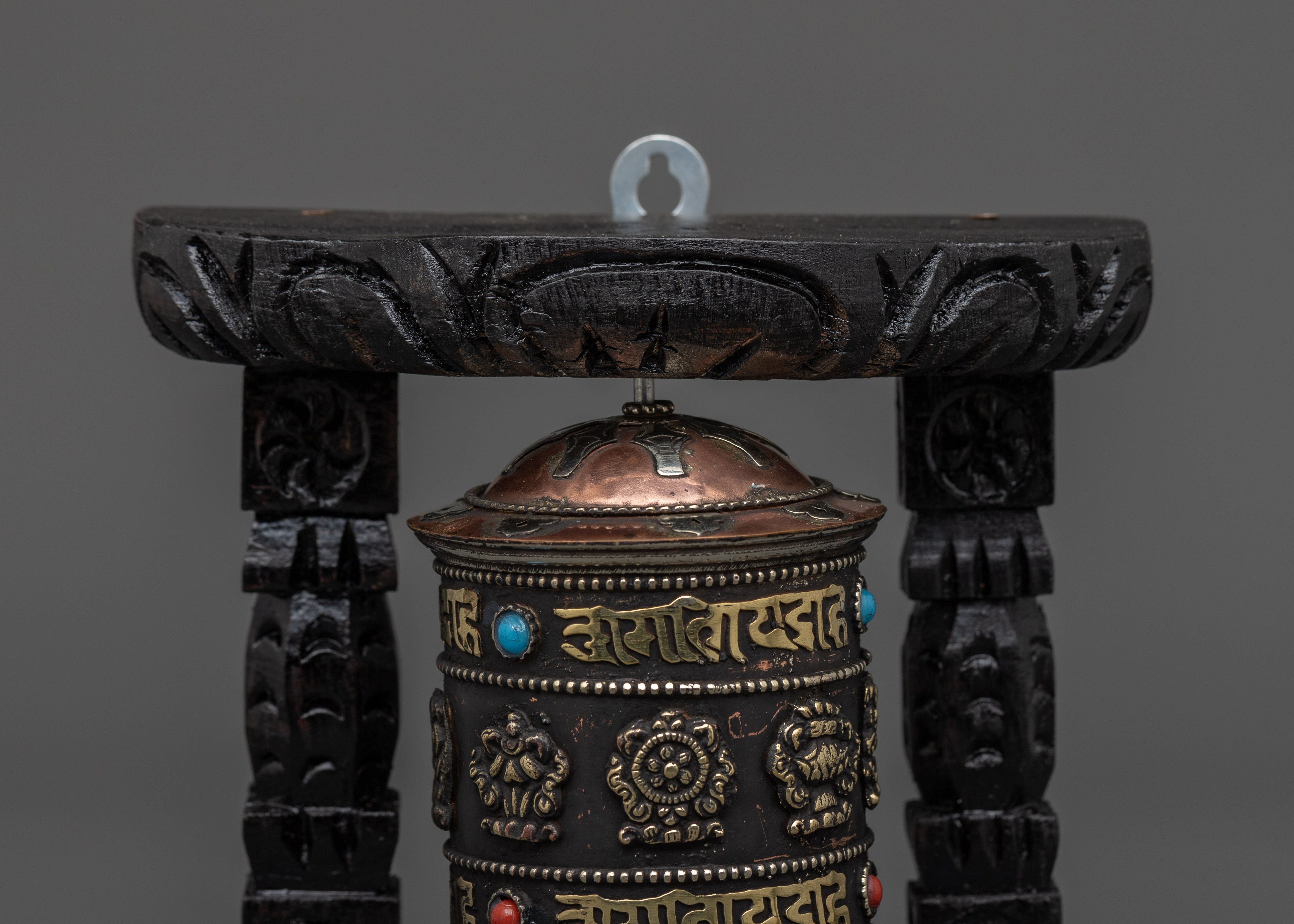 Prayer Wheel with Tibetan Auspicious Symbols | Tibetan Altar Decor for Mindfulness