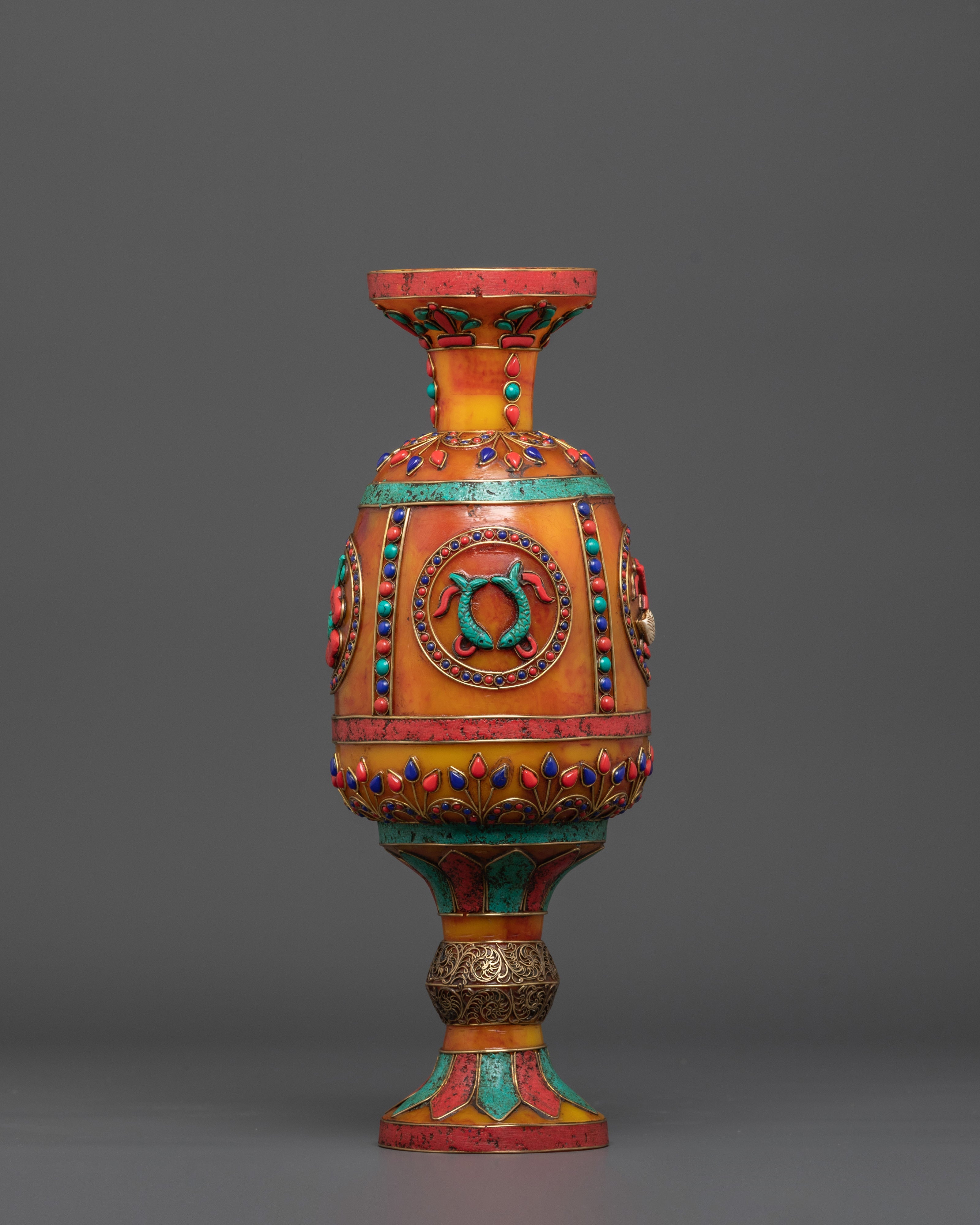 Buddhist Flower Vase Set for Decor | Coral, and Turquoise Stones