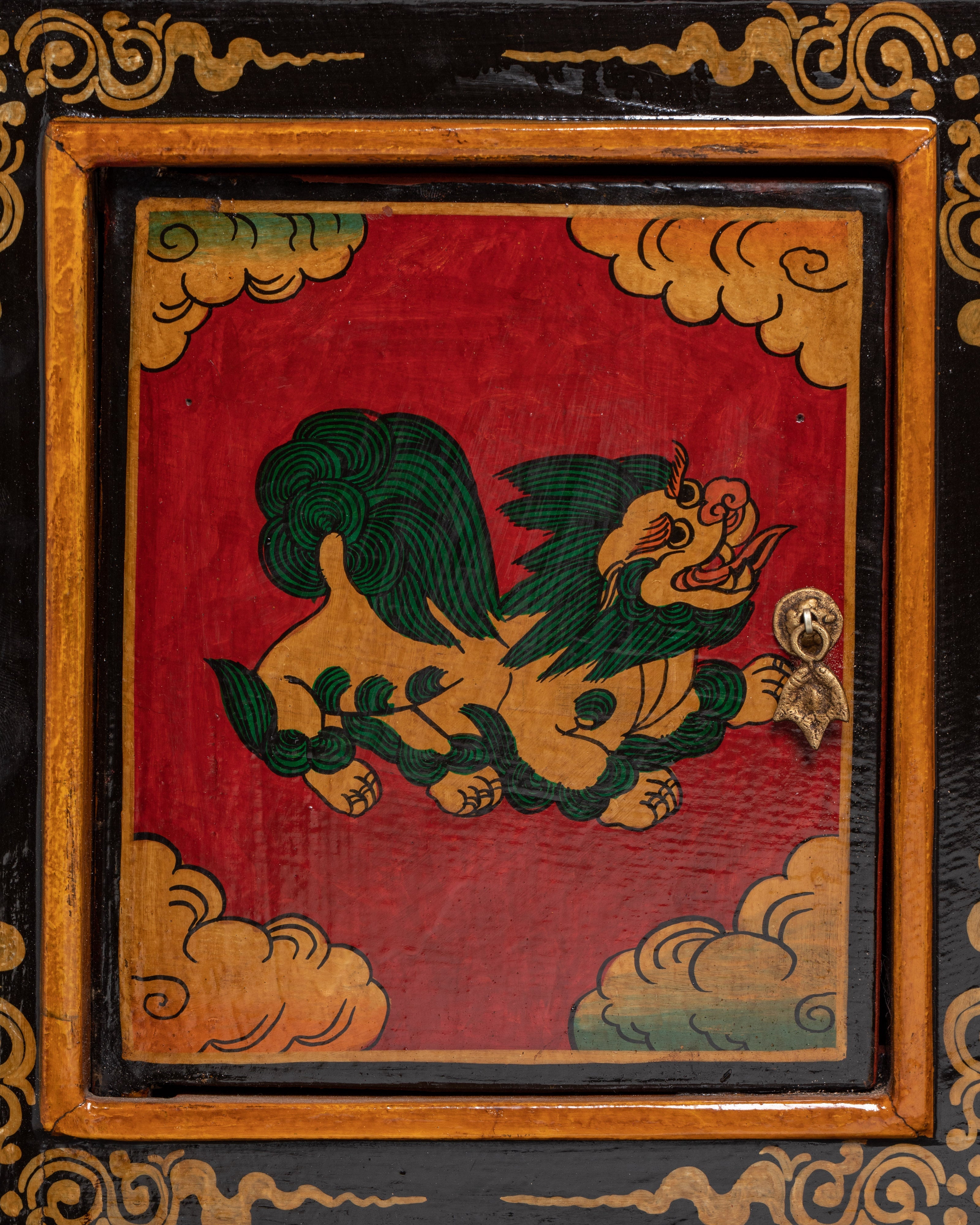 Hand-Carved Tibetan Wooden Cabinet with Door | Sacred Symbols and Artisan Detailing