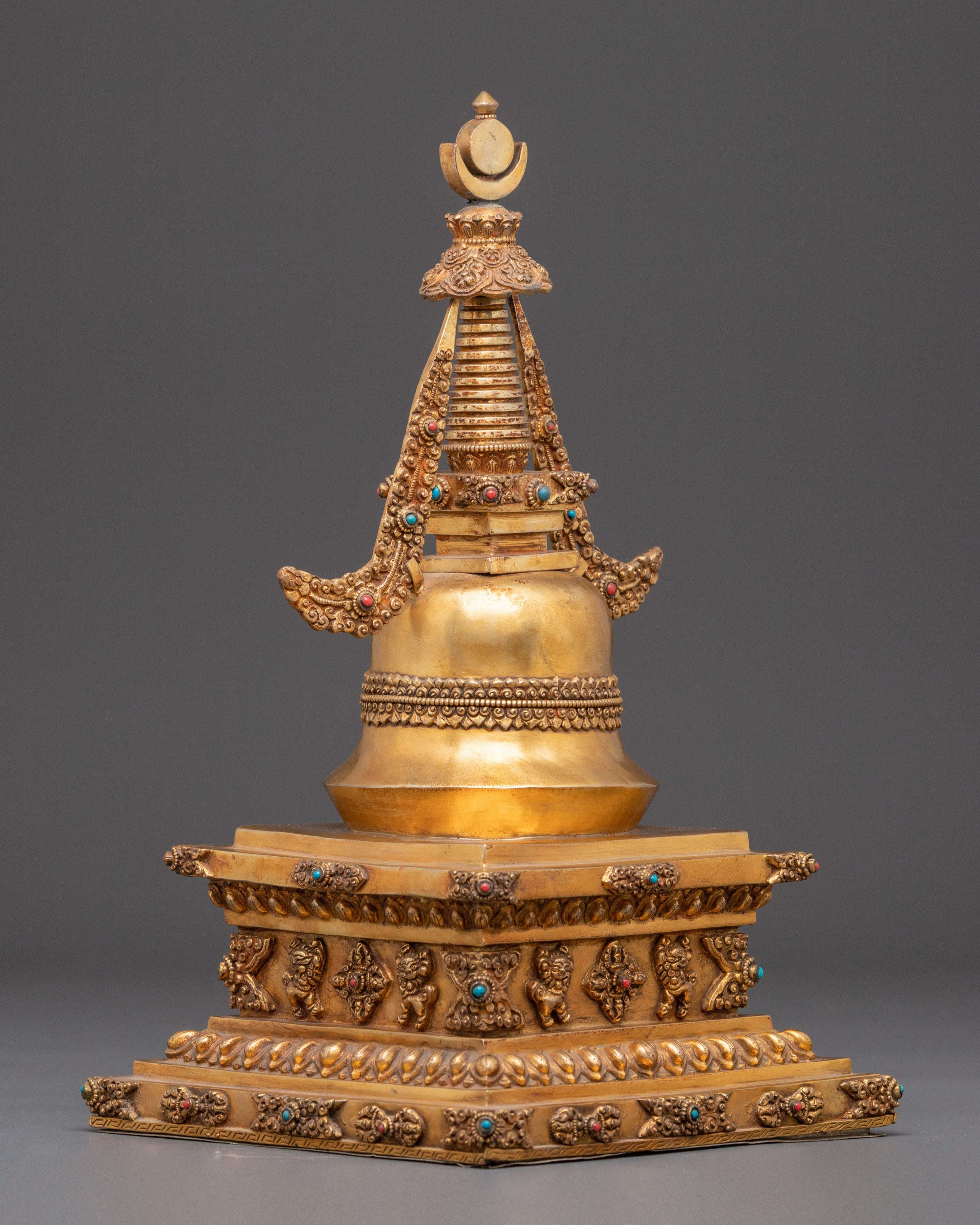 Sacred Buddhist Stupa Monument | Gold Plated Copper with Turquoise Inlay