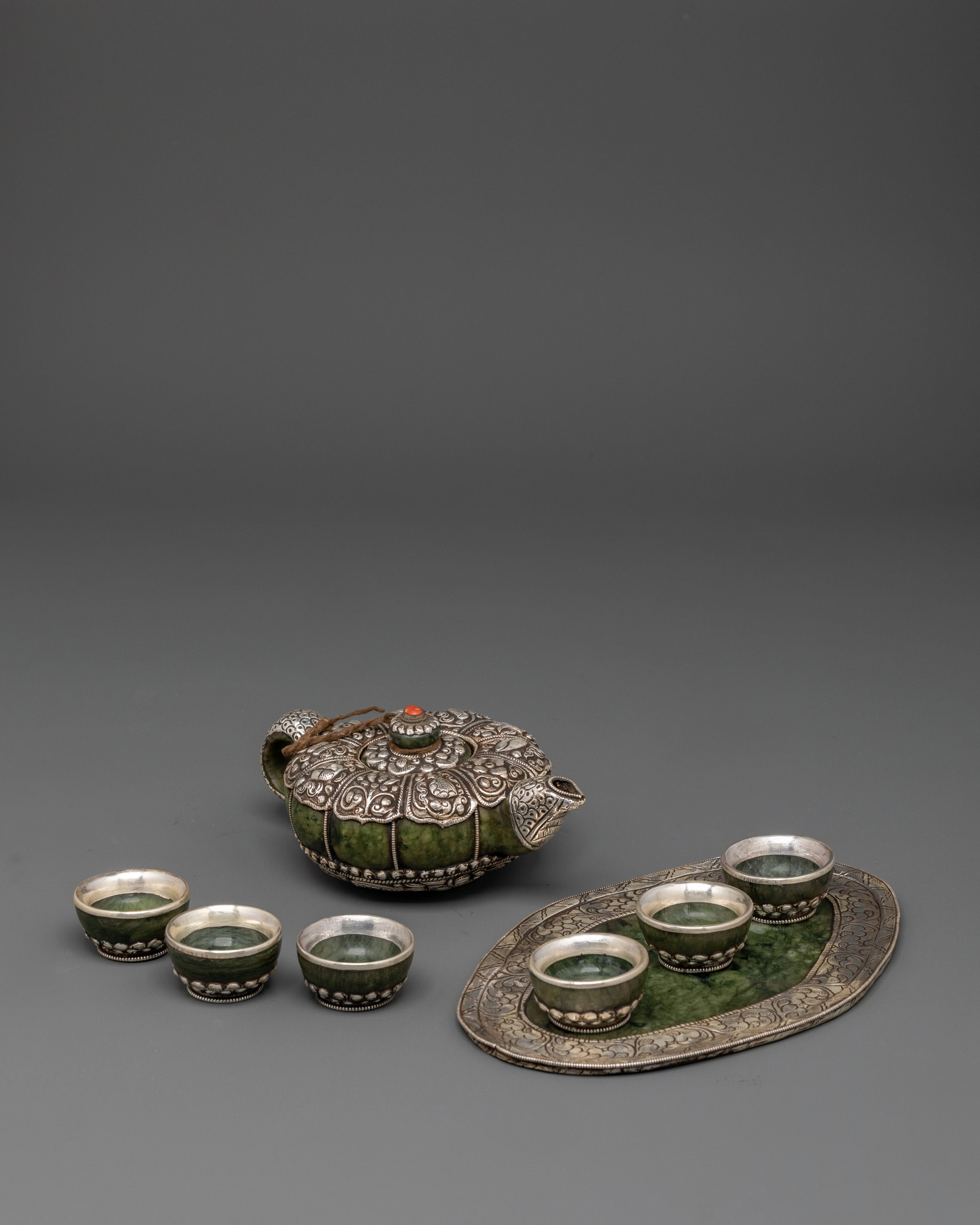 Handcrafted Tibetan Teapot & Offering Bowl Set | Green Jade & Silver Tea Set