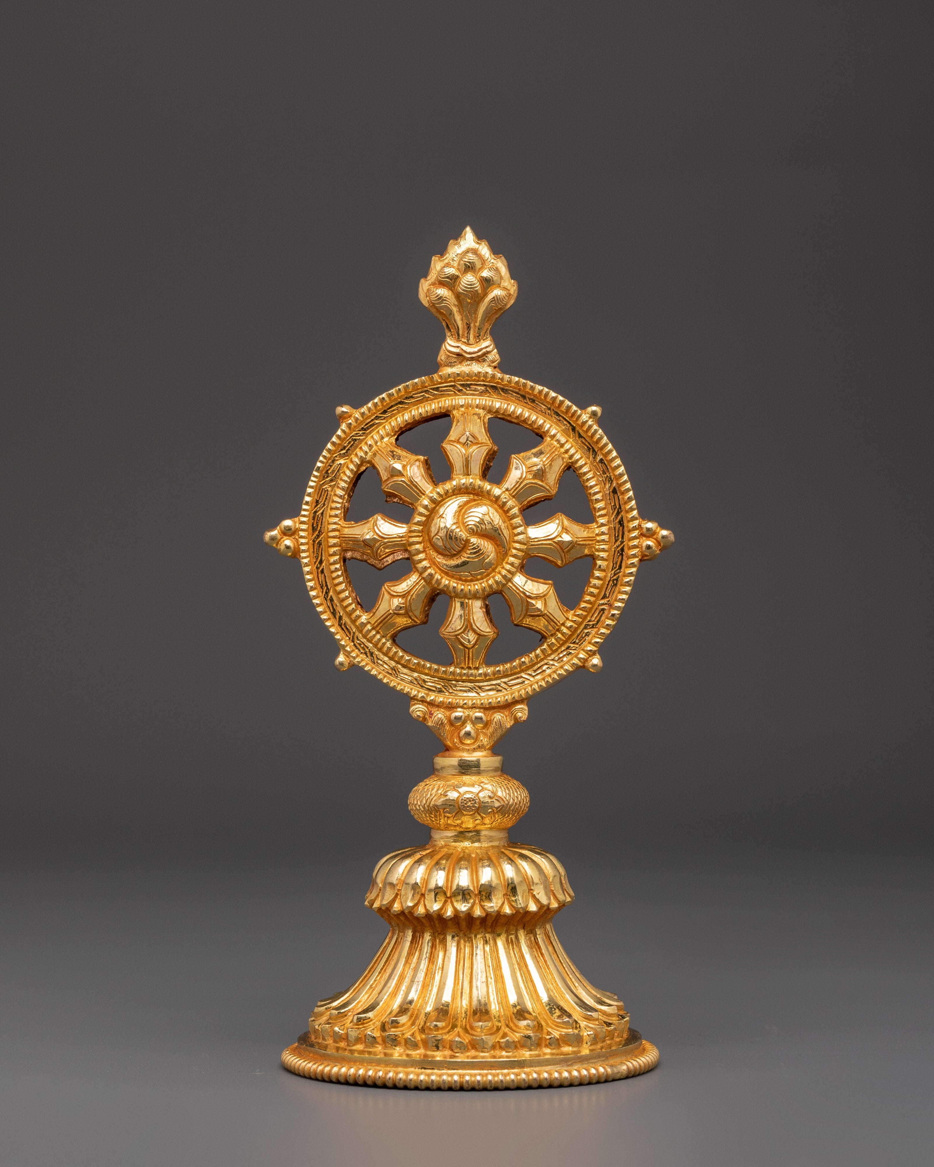 Gold Plated Dharma Wheel with Deer | Tibetan Buddhist Altar Symbol
