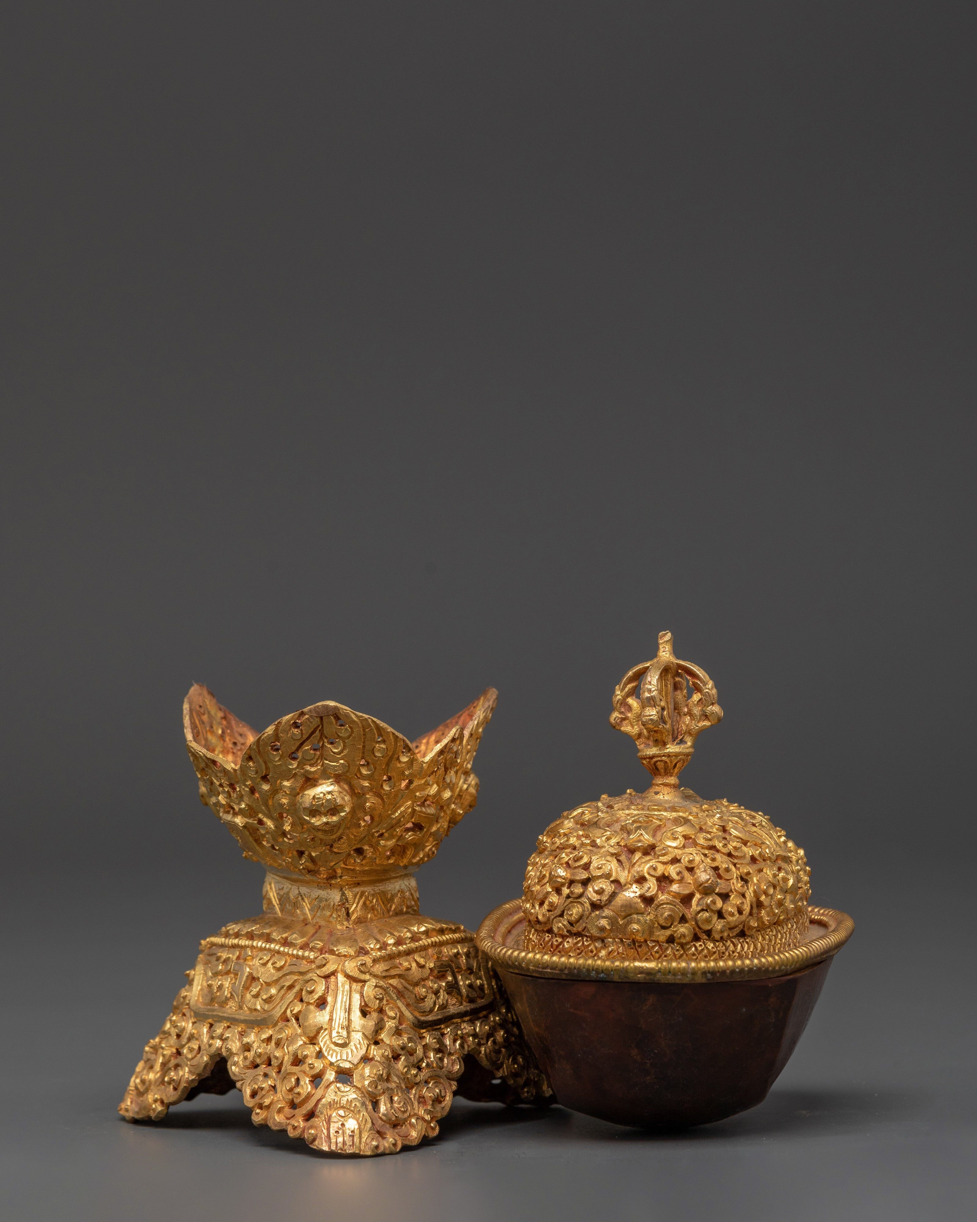 Handcrafted Ritual Kapala Set | Gold Plated Copper with Vajra Lid