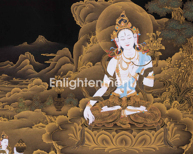 White Tara Thangka Tapestry for Devotional Spaces | Female Buddha Wall Whanging for Decor