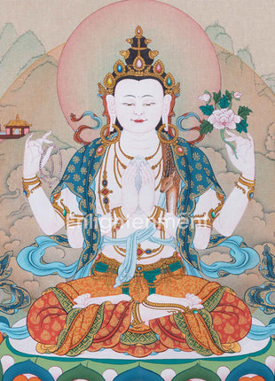 Chenrezig Thangka for Inner Peace | Exquisite Tibetan Masterpiece | Bodhisattva of Compassion
