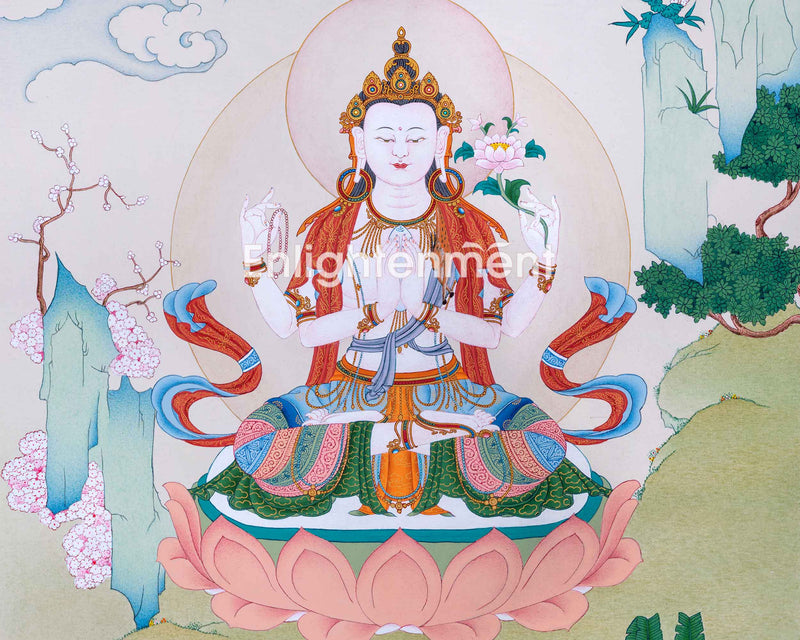 Avalokiteshvara Mantra Tibetan Thangka Using Stone Colors | Himalayan Buddhist Sacred Art Of Chenrezig