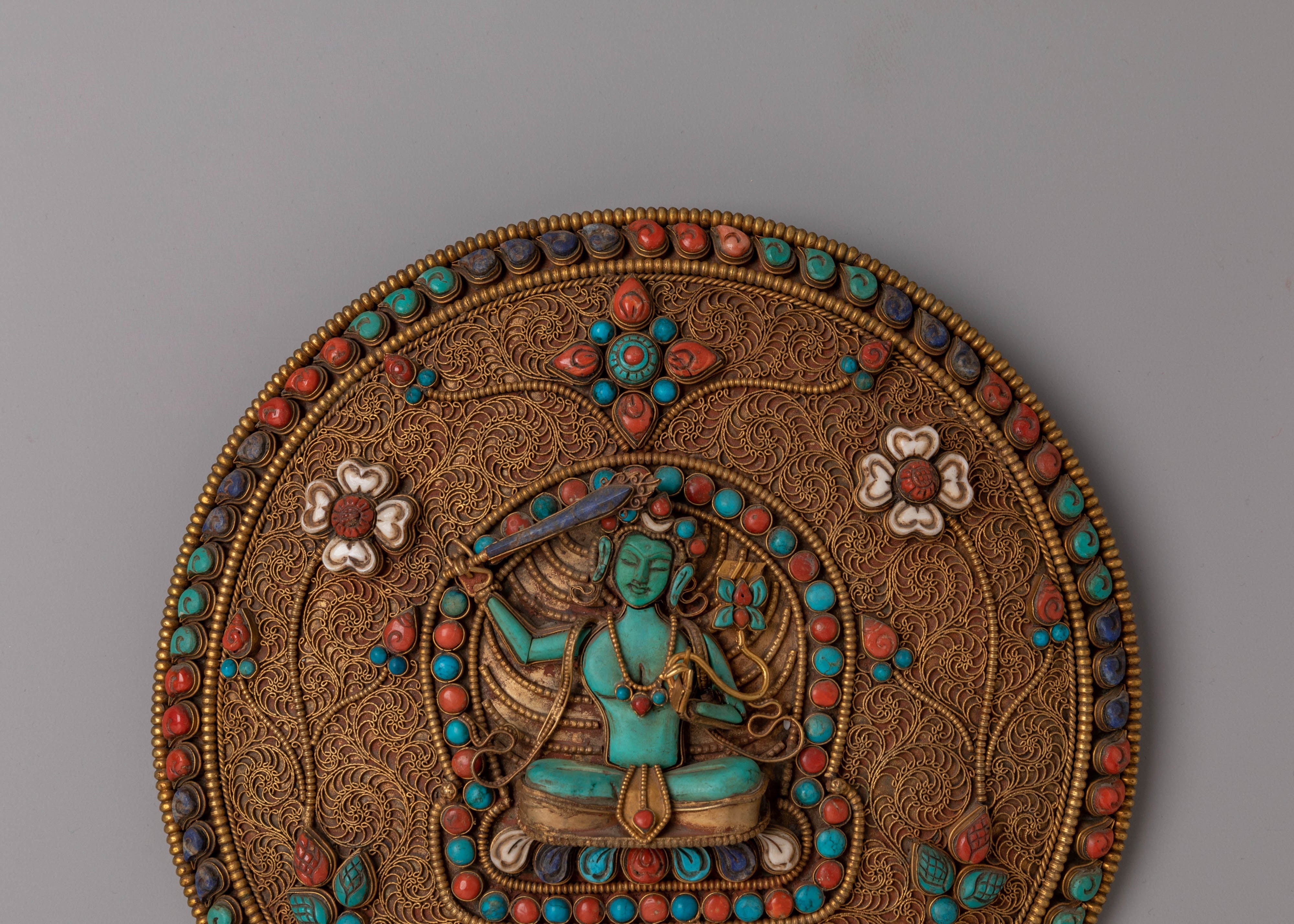 Sacred Tibetan Manjushri Wall Hanging | Buddhist Copper Art