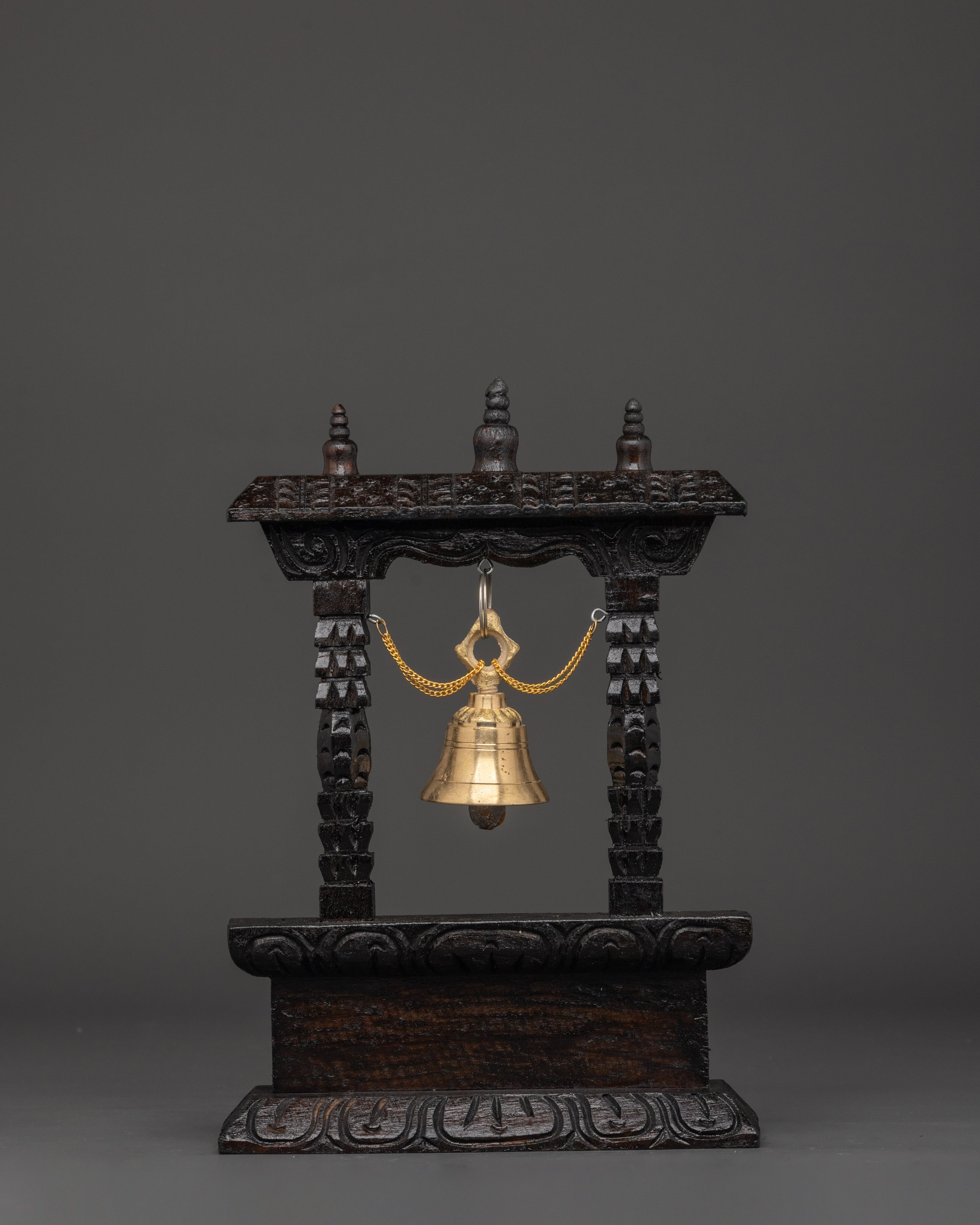 Traditional Buddhist Hanging Bell Decor | Hand Carved Wooden Bell Shrine