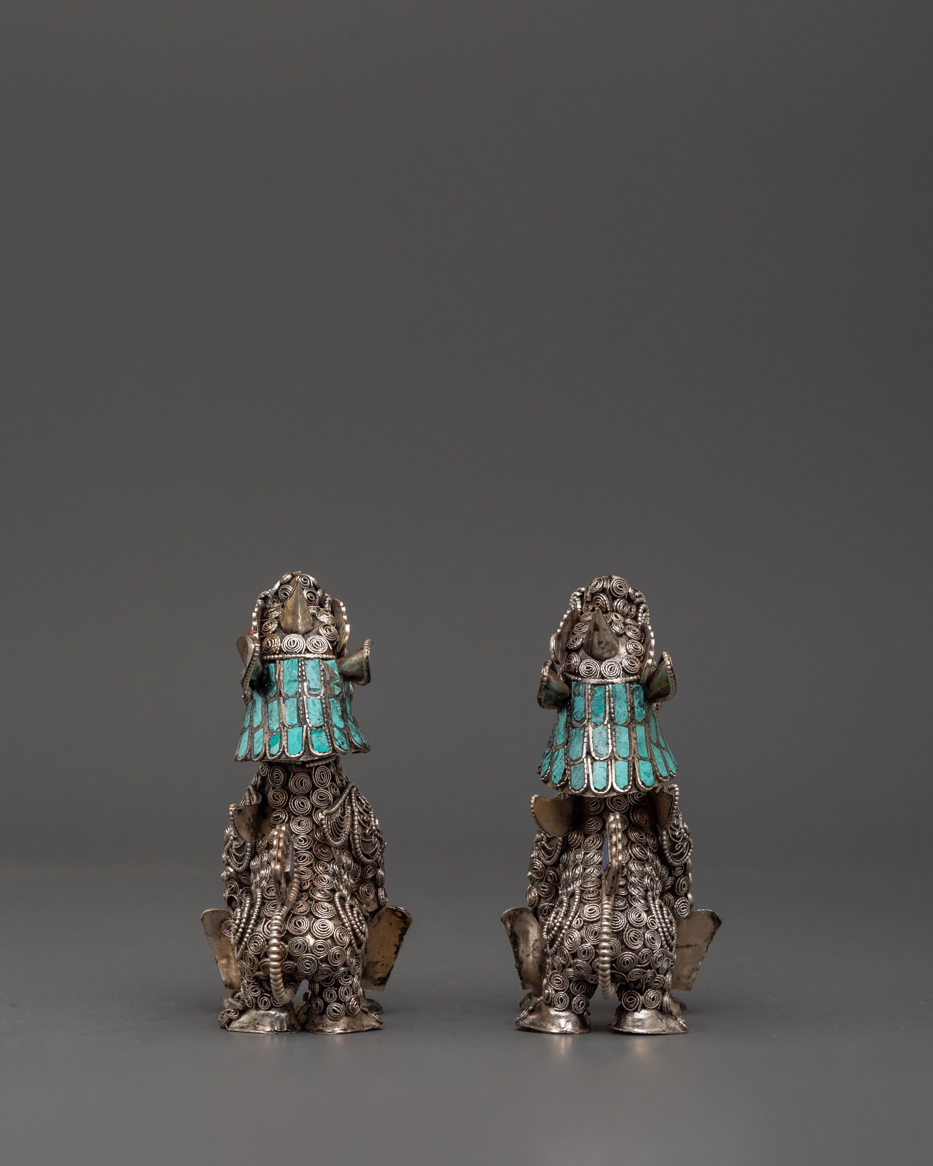 White Metal Guardian Lion Statue Set | With Coral, Turquoise & Lapis Lazuli Stones