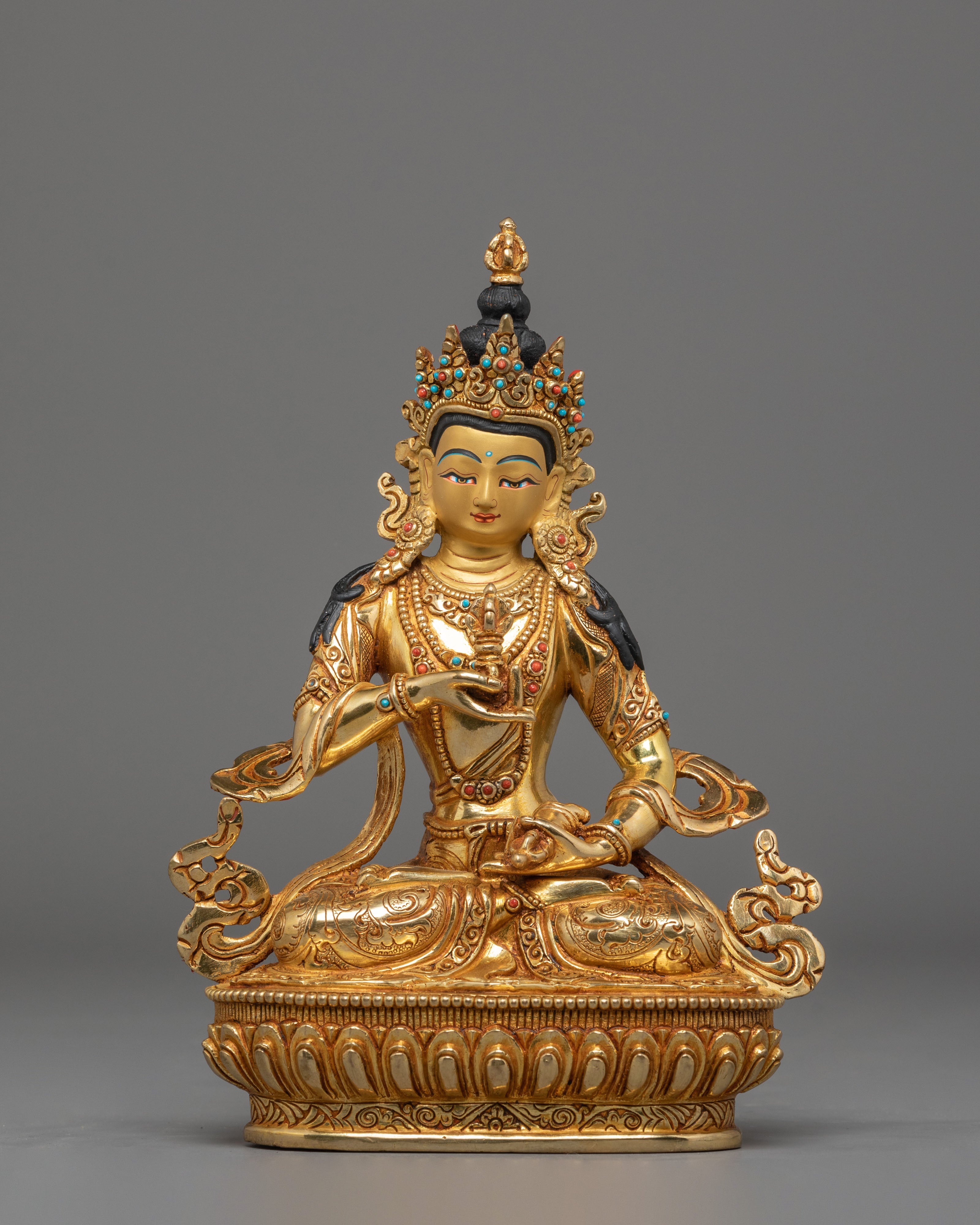 Vajrasattva Statue for Altar Decor | Gold Plated Copper Sculpture with Coral & Turquoise