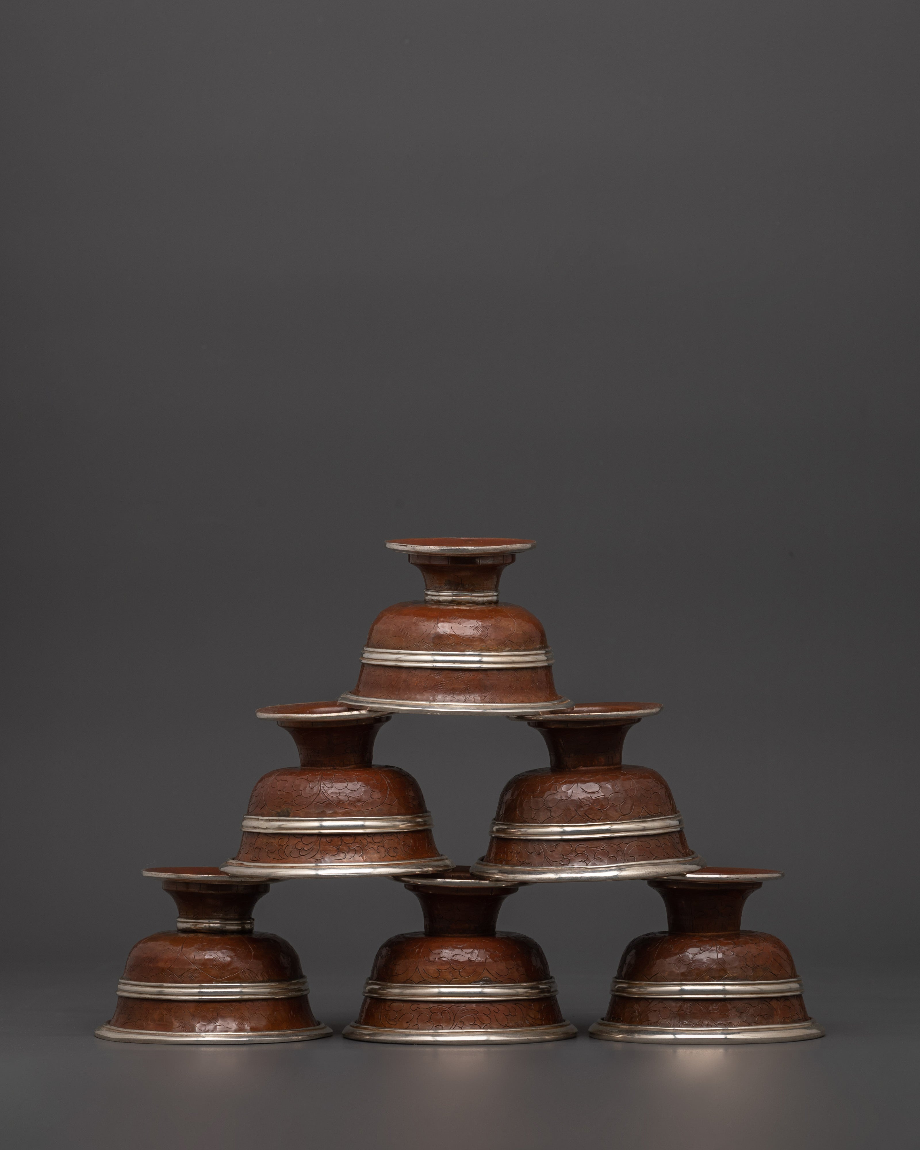 Handcrafted Sacred Tibetan Offering Bowl Set | Oxidized Copper Ritual Bowls