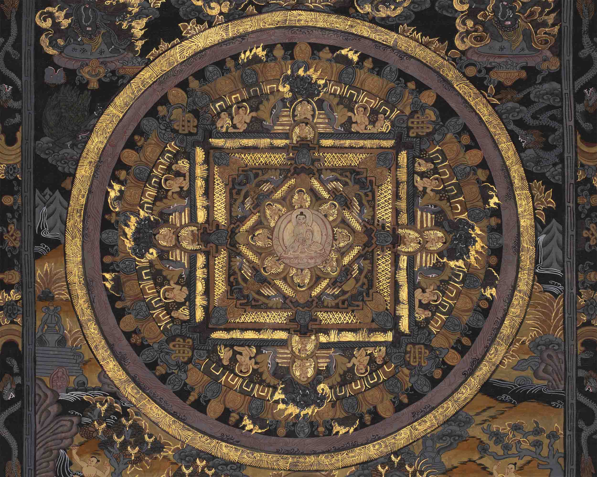 Old Pure Gold and Black Vintage Buddha Mandala | Rare Hand-Painted Thangka Painting