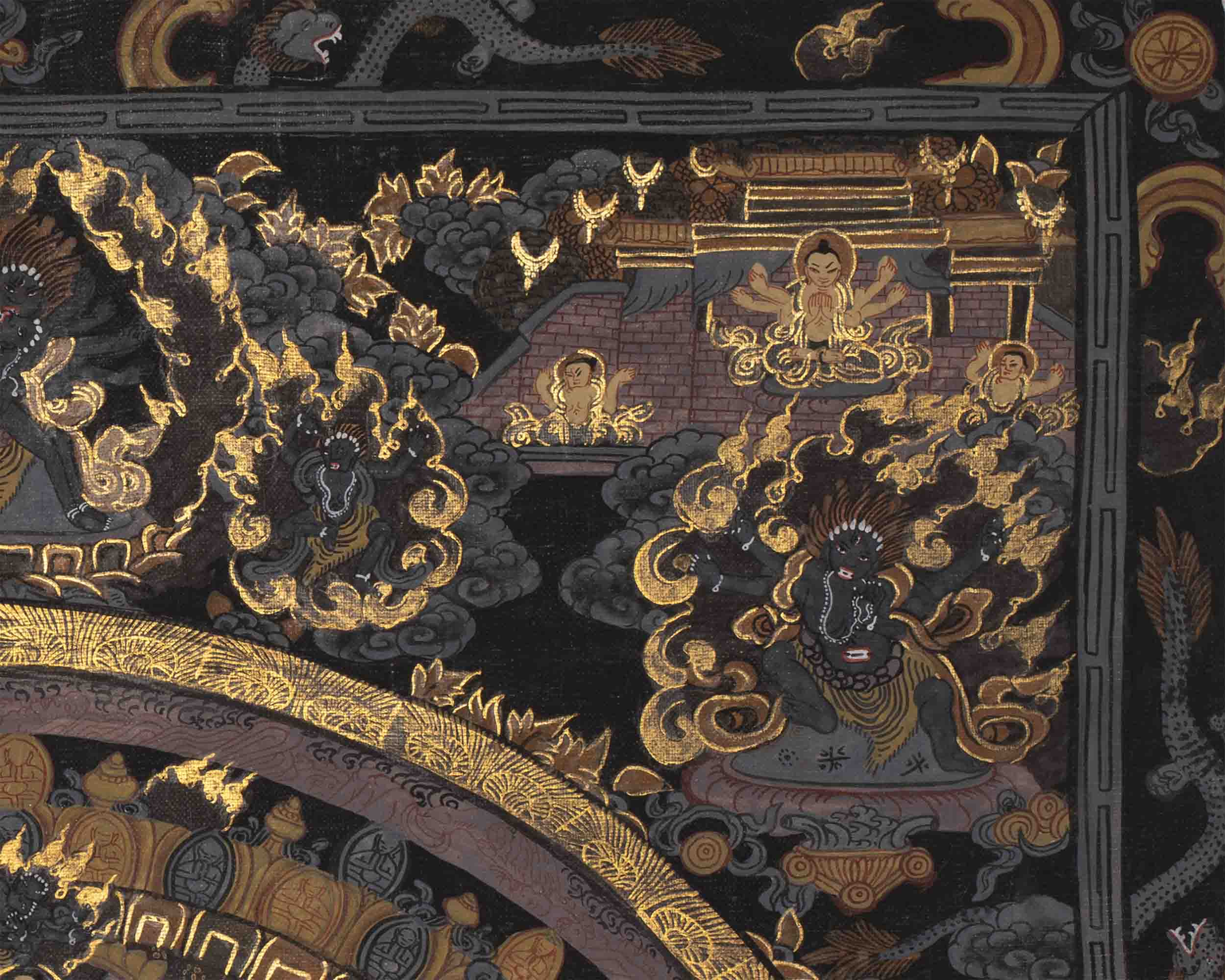 Old Pure Gold and Black Vintage Buddha Mandala | Rare Hand-Painted Thangka Painting