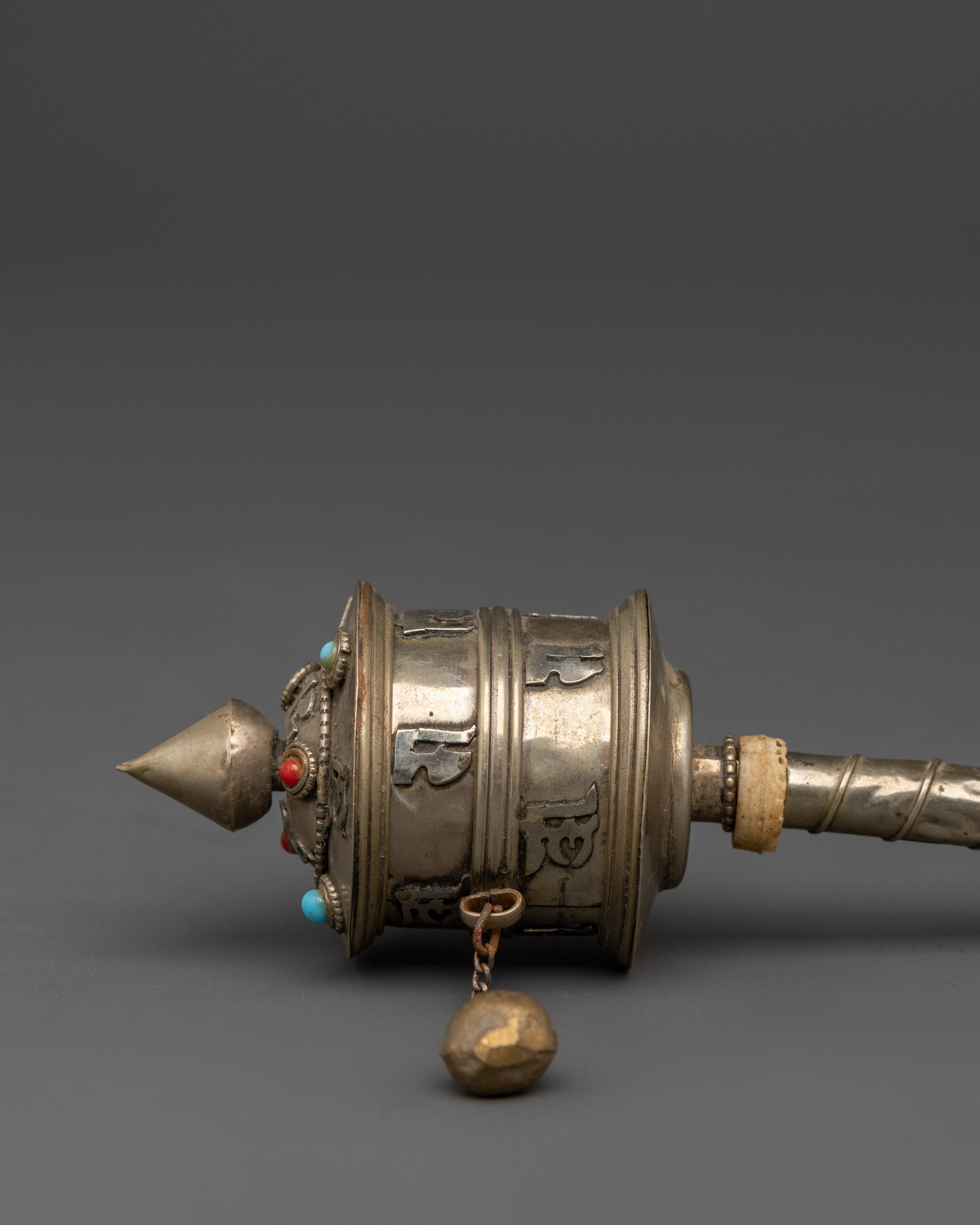 Buddhist Handheld Prayer Wheel | White Metal Prayer Wheel with Turquoise & Coral