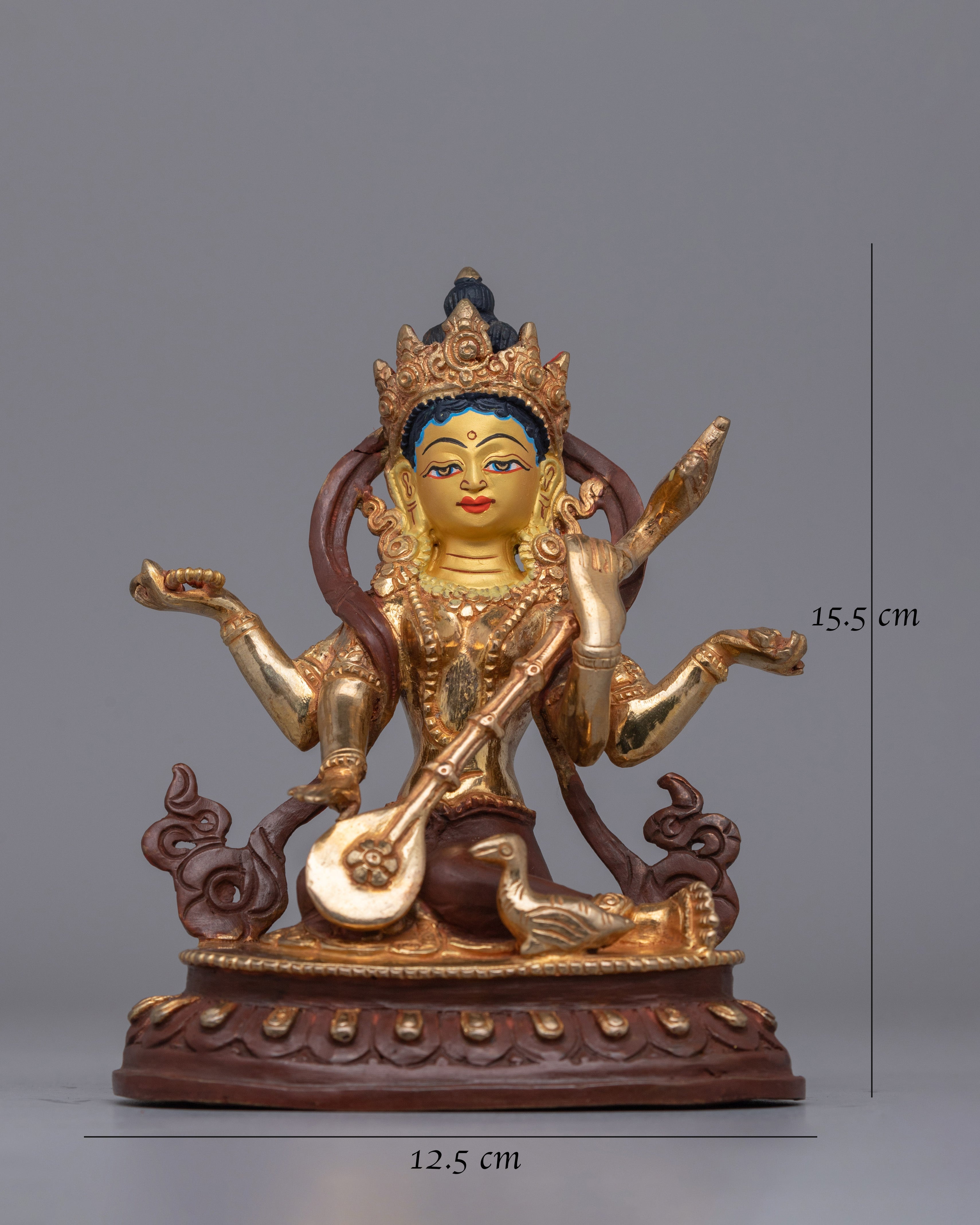 Handmade Gold plated Saraswati Statue | Oxidized Copper Wisdom Goddess Statue for Altars