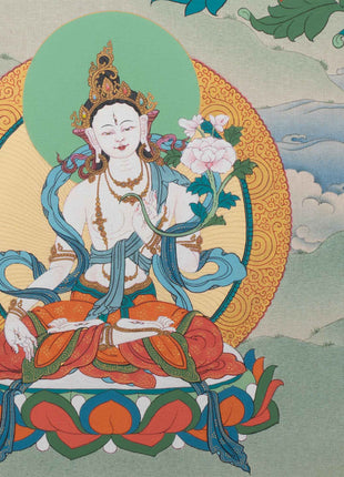 Amitayus With White Tara and Namgyalma Thanka Print | Bodhisattva Canvas Print | Tibetan Buddhism Art