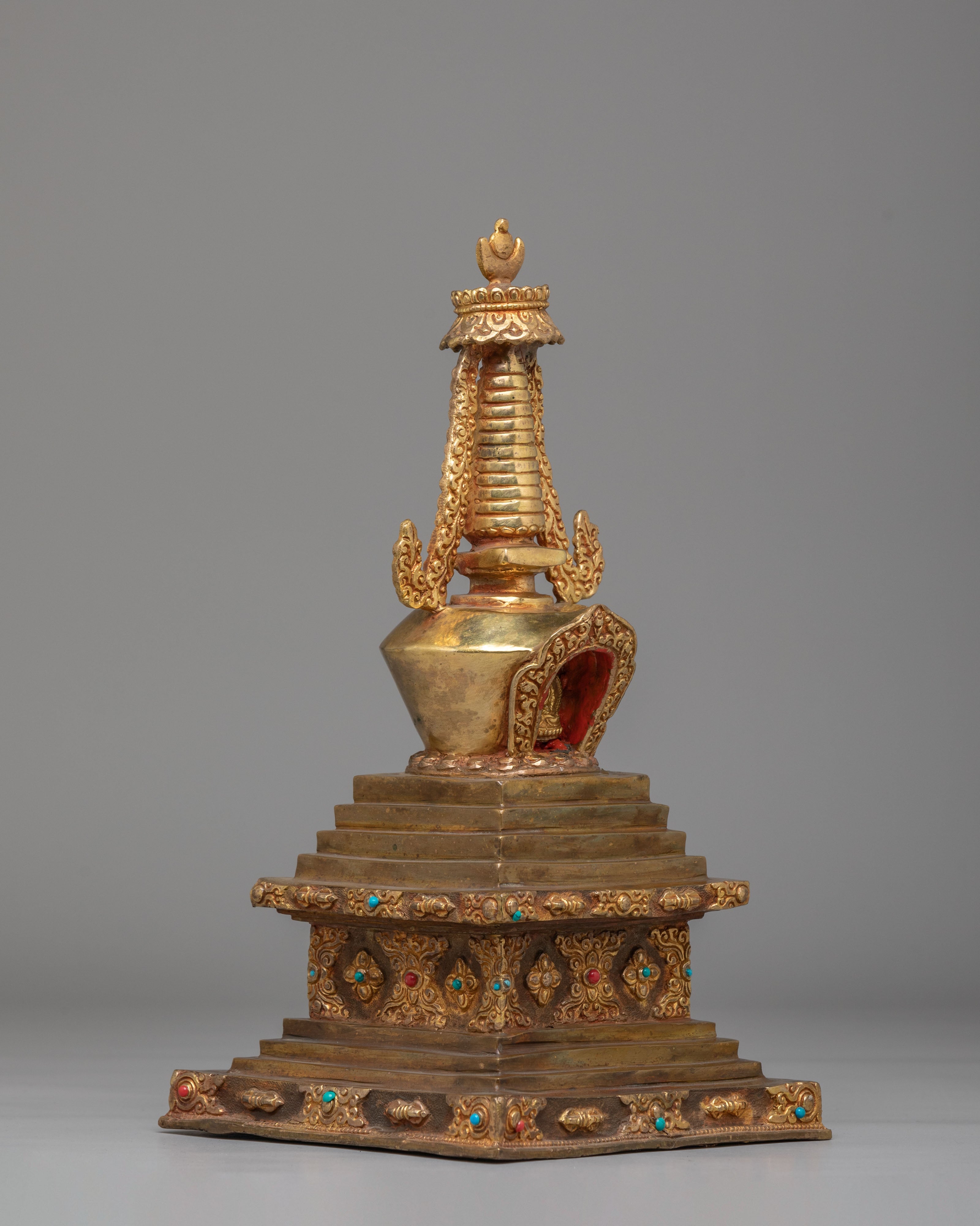 Sacred Altar Enlightenment Chorten | Gold Plated Copper Altar Sculpture