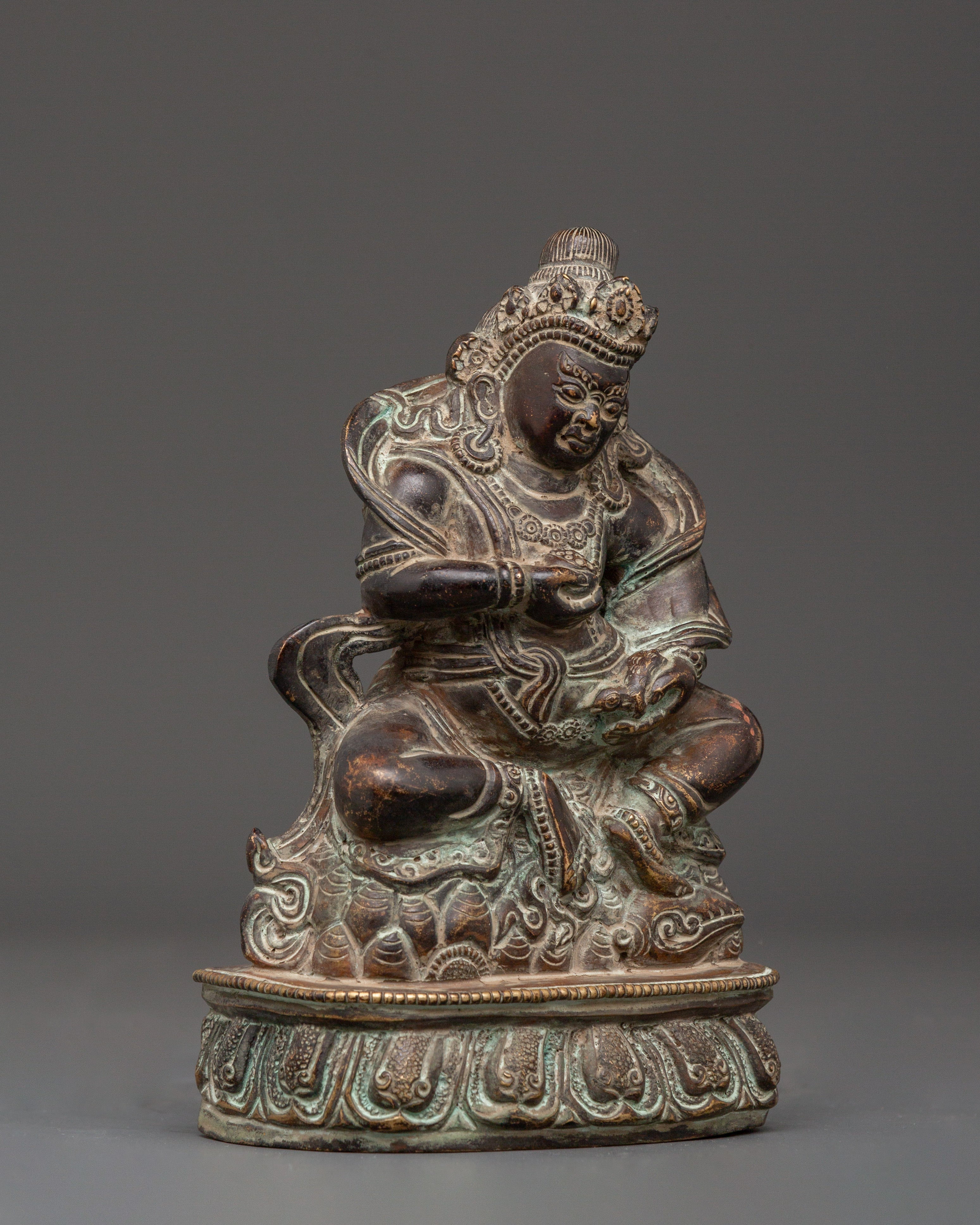 Tibetan Buddhist Dzambhala Oxidized Copper Statue | Sitting on Lotus