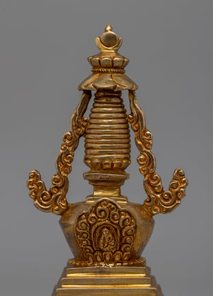 Religious Décor Gold-Plated Stupa | Sacred Altar Piece with Floral Patterns