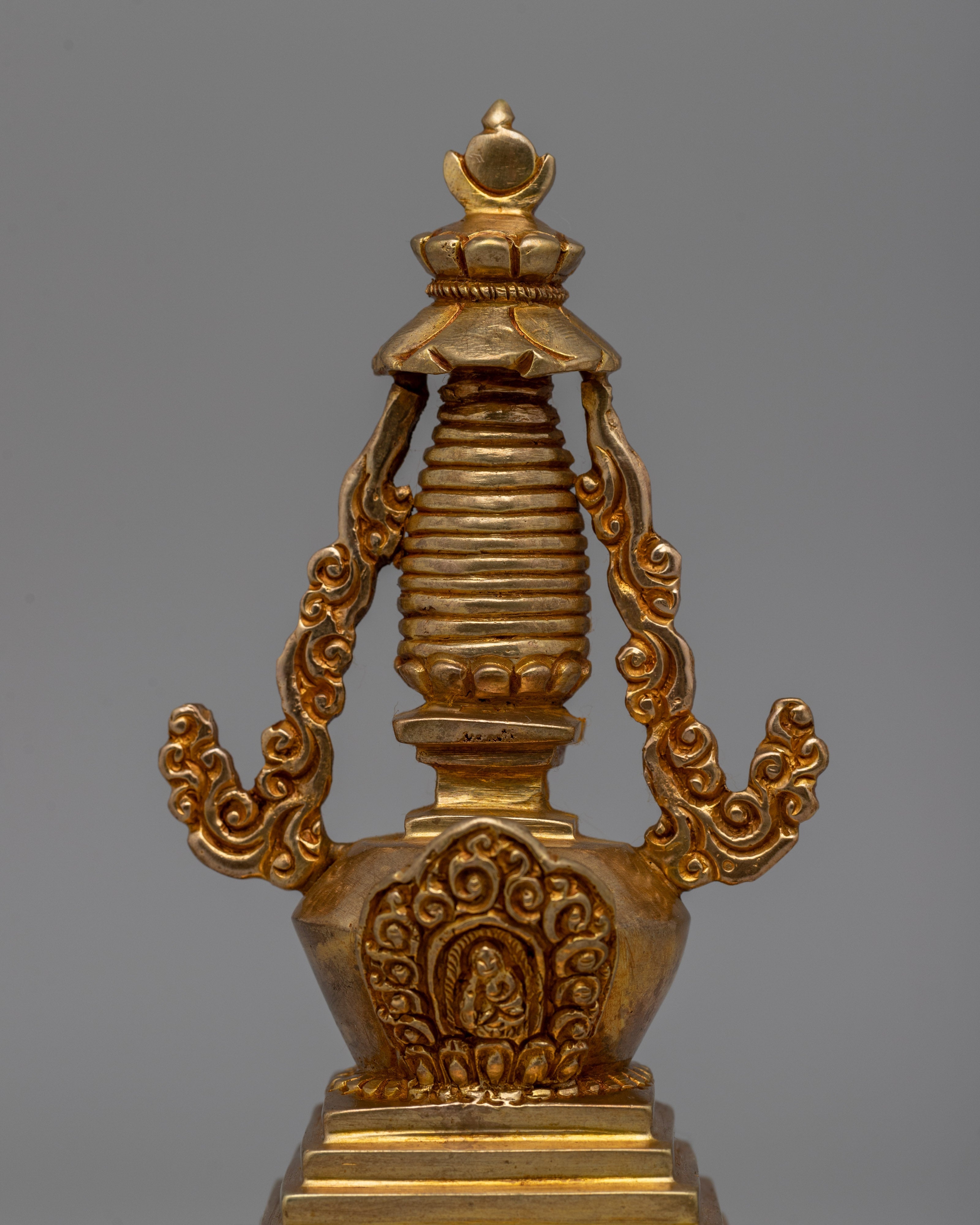 Religious Décor Gold-Plated Stupa | Sacred Altar Piece with Floral Patterns