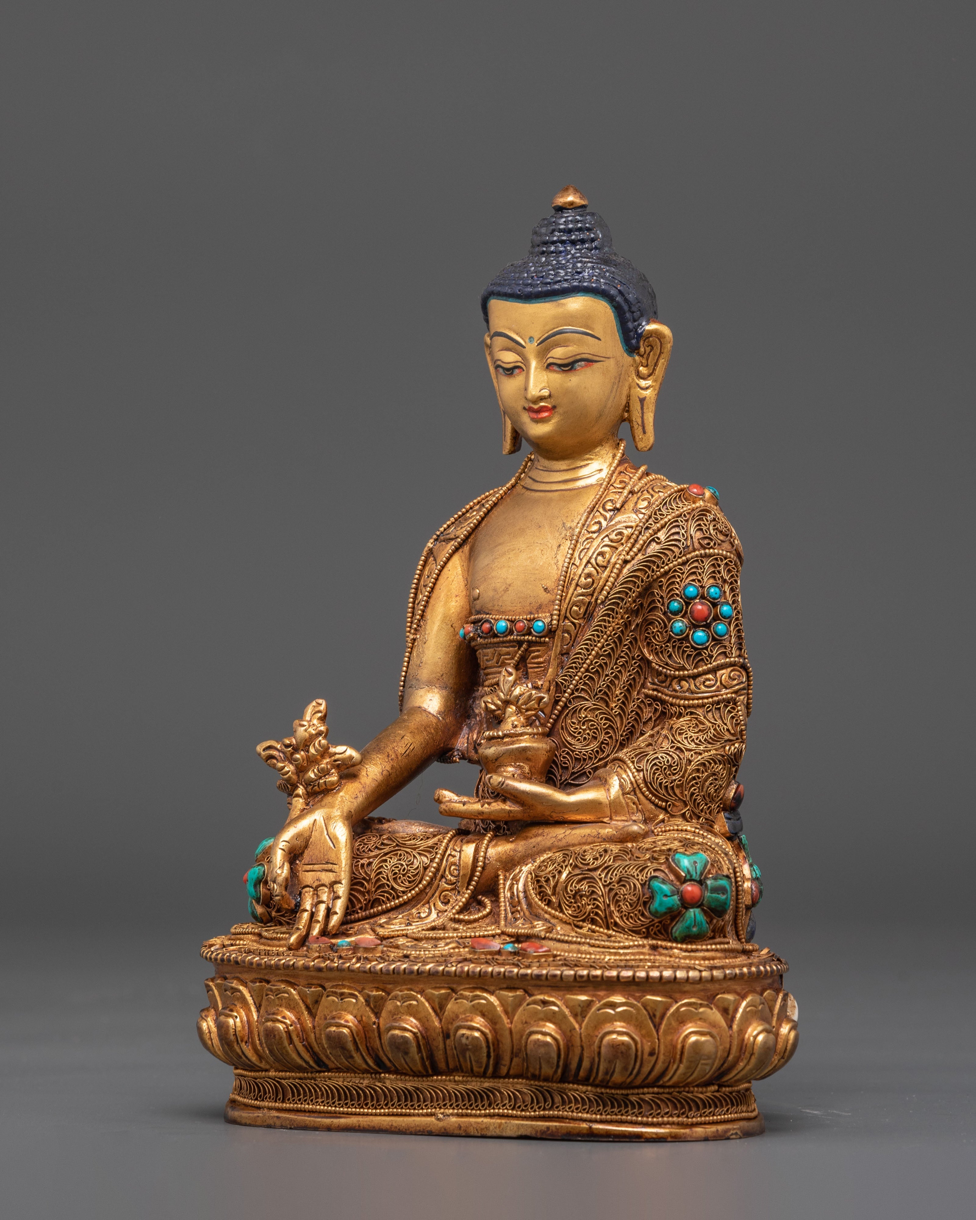 Spiritual Healing Buddha Bhaiṣajyaguru Statue | Gold Plated Copper Sculpture