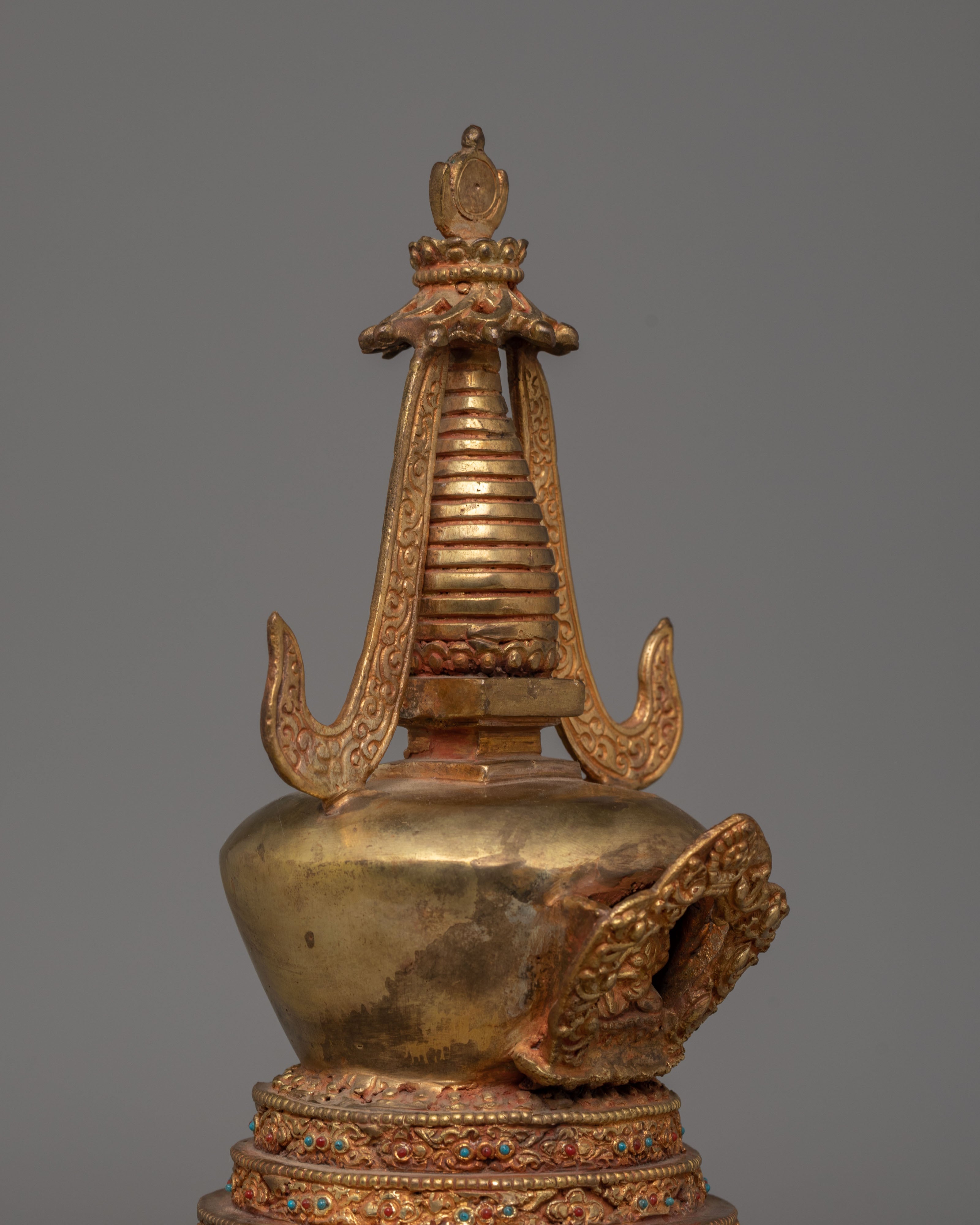 Handcrafted Buddhist Shrine Stupa | Gold Plated Tibetan Ritual Stupa Art