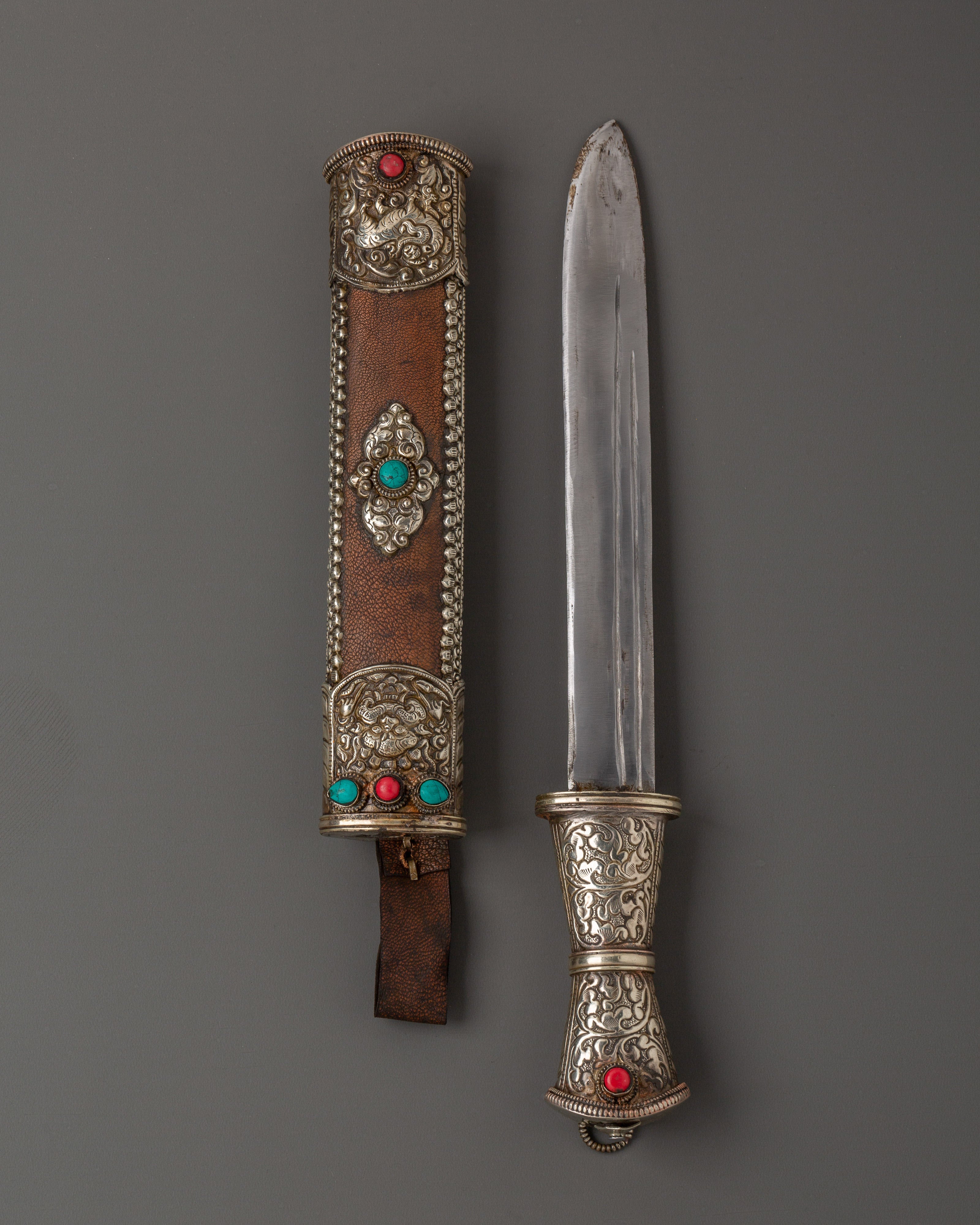 Tibetan Sword with White Metal | Ritual Item with Turquoise and Coral Gems