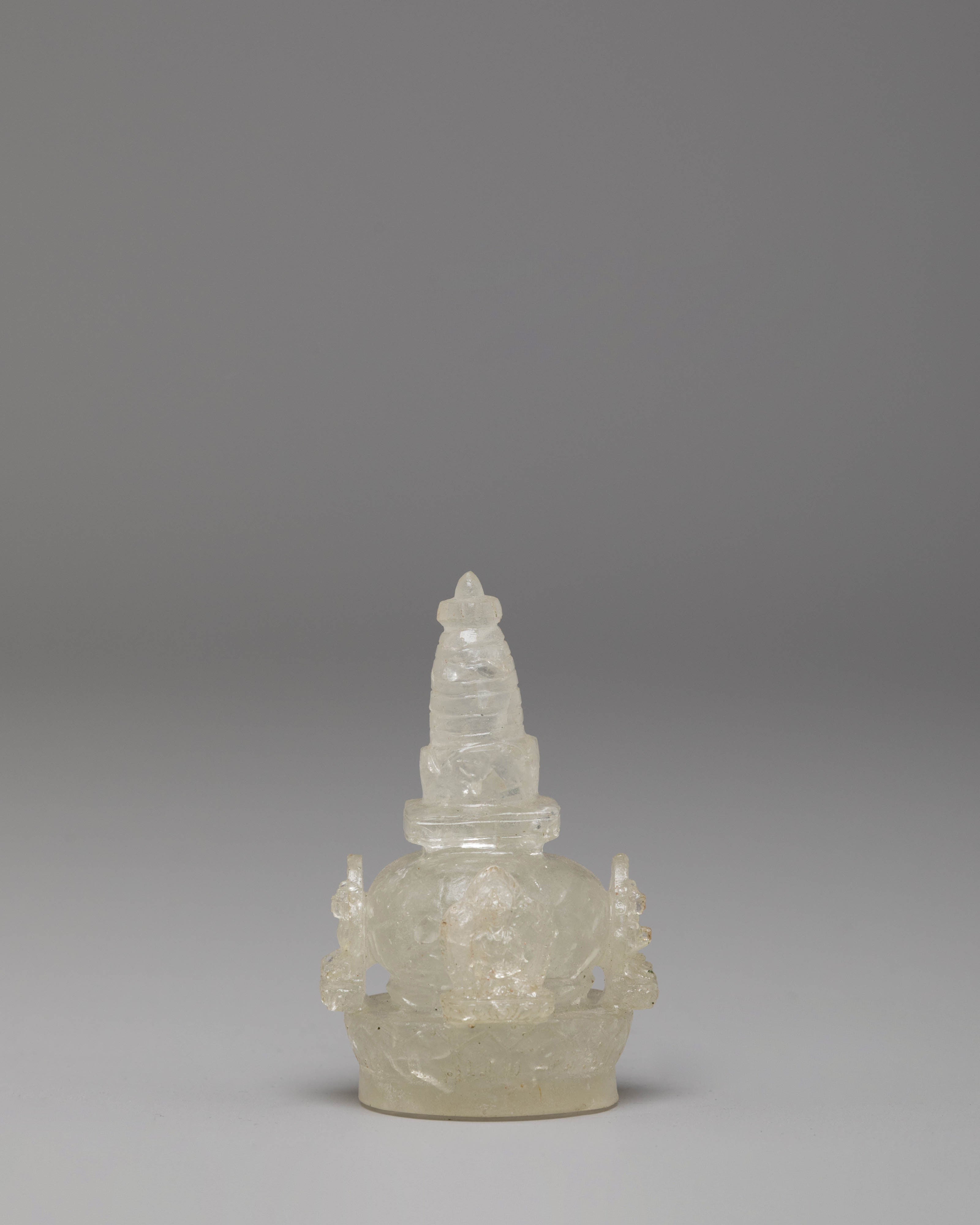 Himalayan Crystal Stupa and Guardian Lion Set | Electro Gold-Plated Tibetan Art