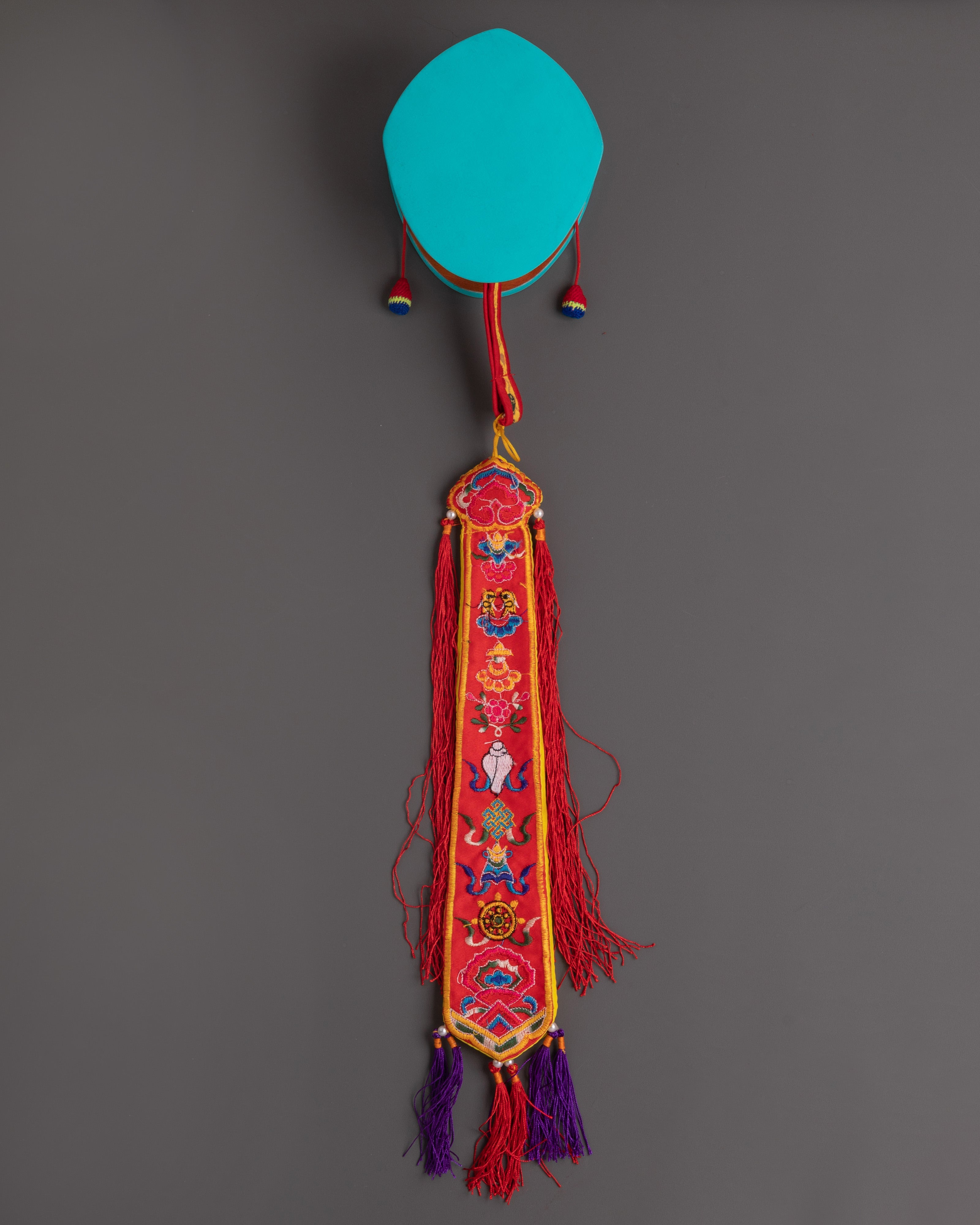 Tibetan Meditation Damaru Drum | Wooden Buddhist Ritual Instrument with Silk Brocade Cover