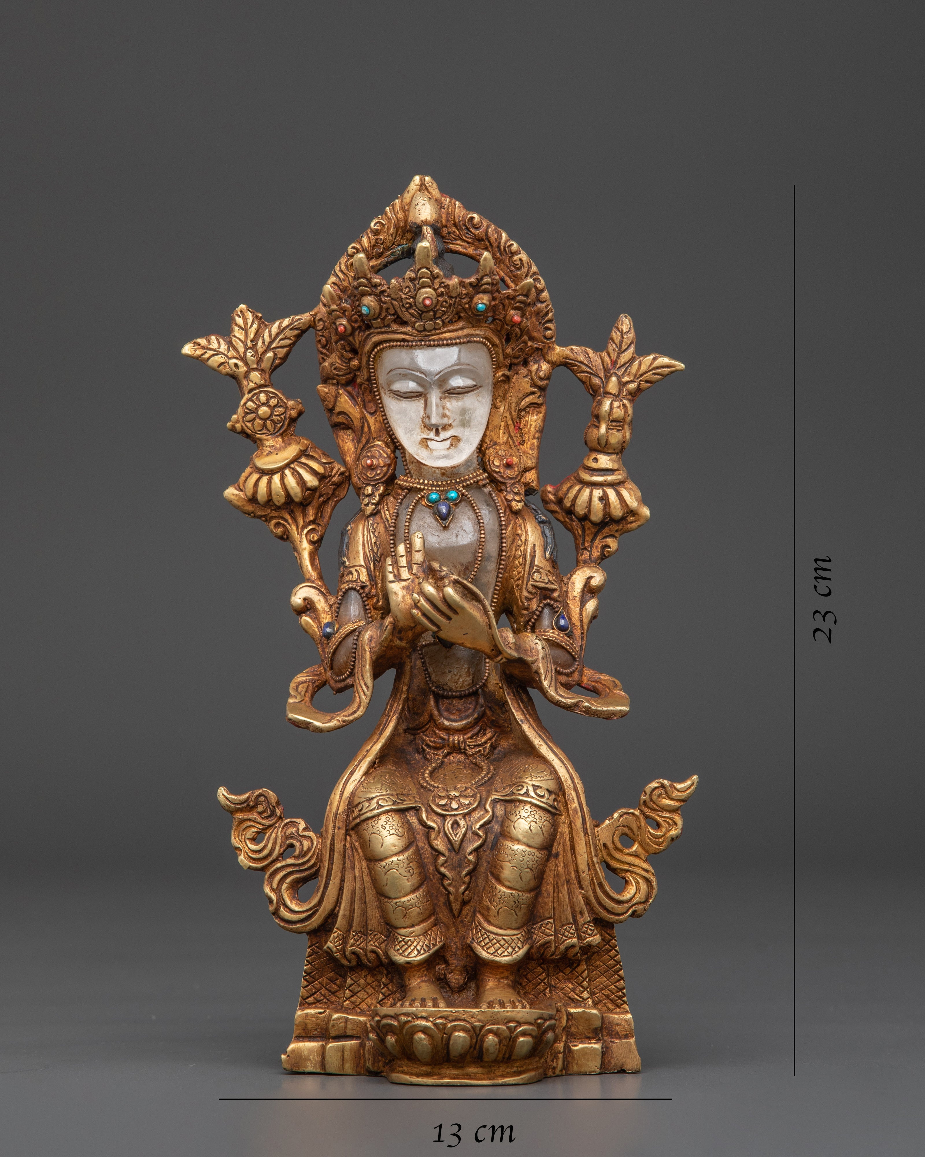 Future Buddha Maitreya Statue | Gold Plated Copper Sculpture with Crystal & Turquoise