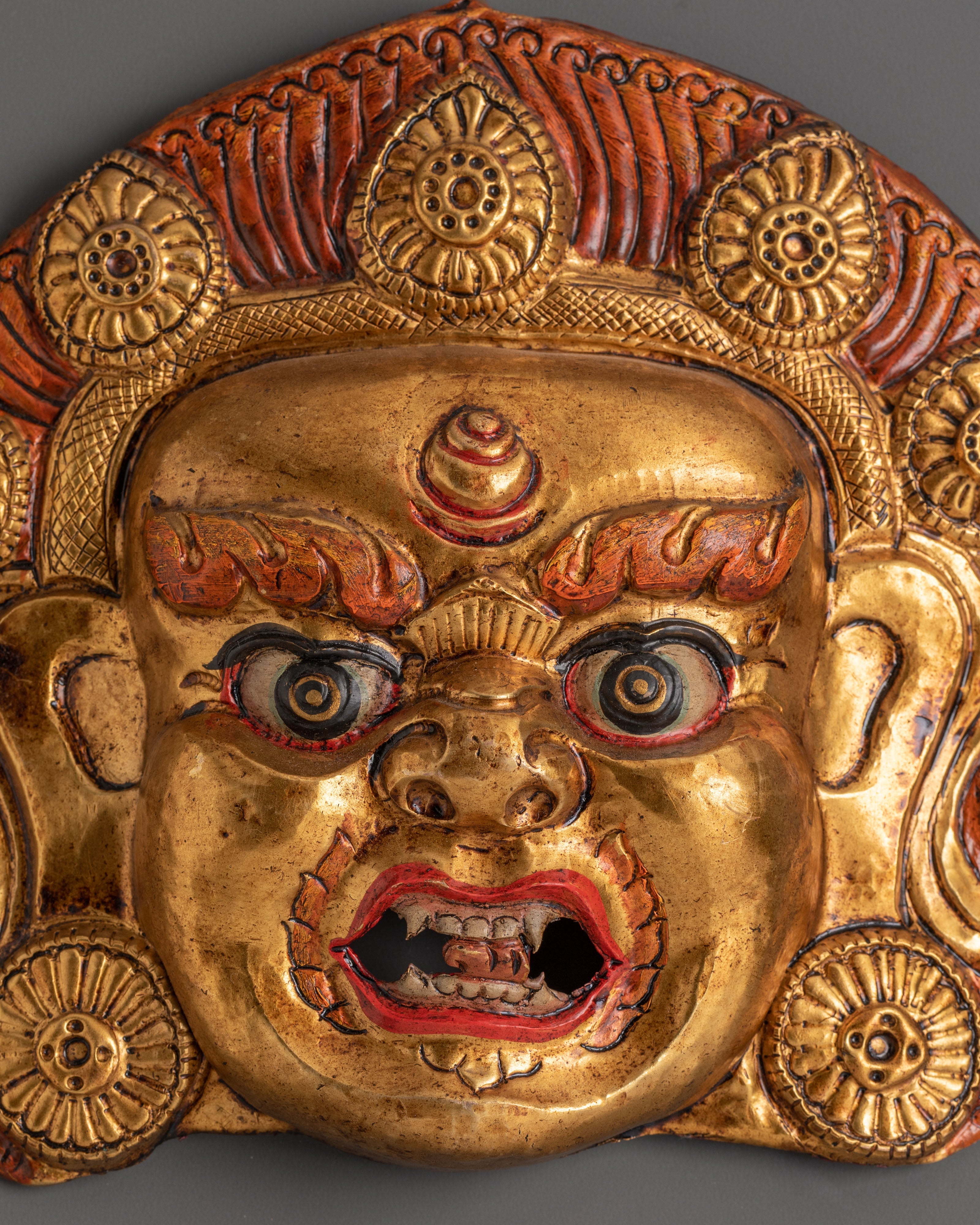 Handmade Tibetan Wrathful Deity Wall Hanging | Gold-Plated Brass Mask