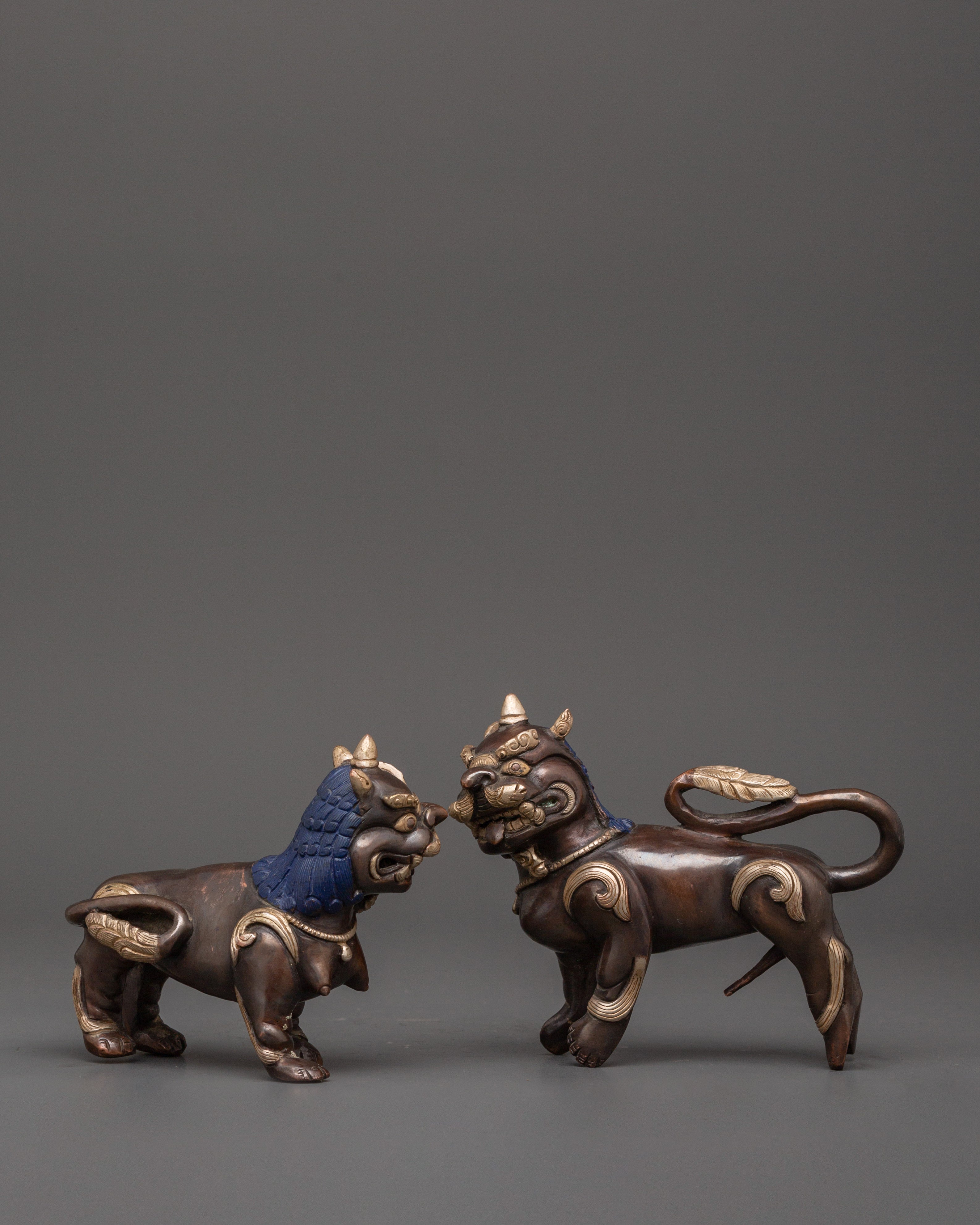 Tibetan Snow Lion Statue Set | Handcrafted Buddhist Guardian Figures