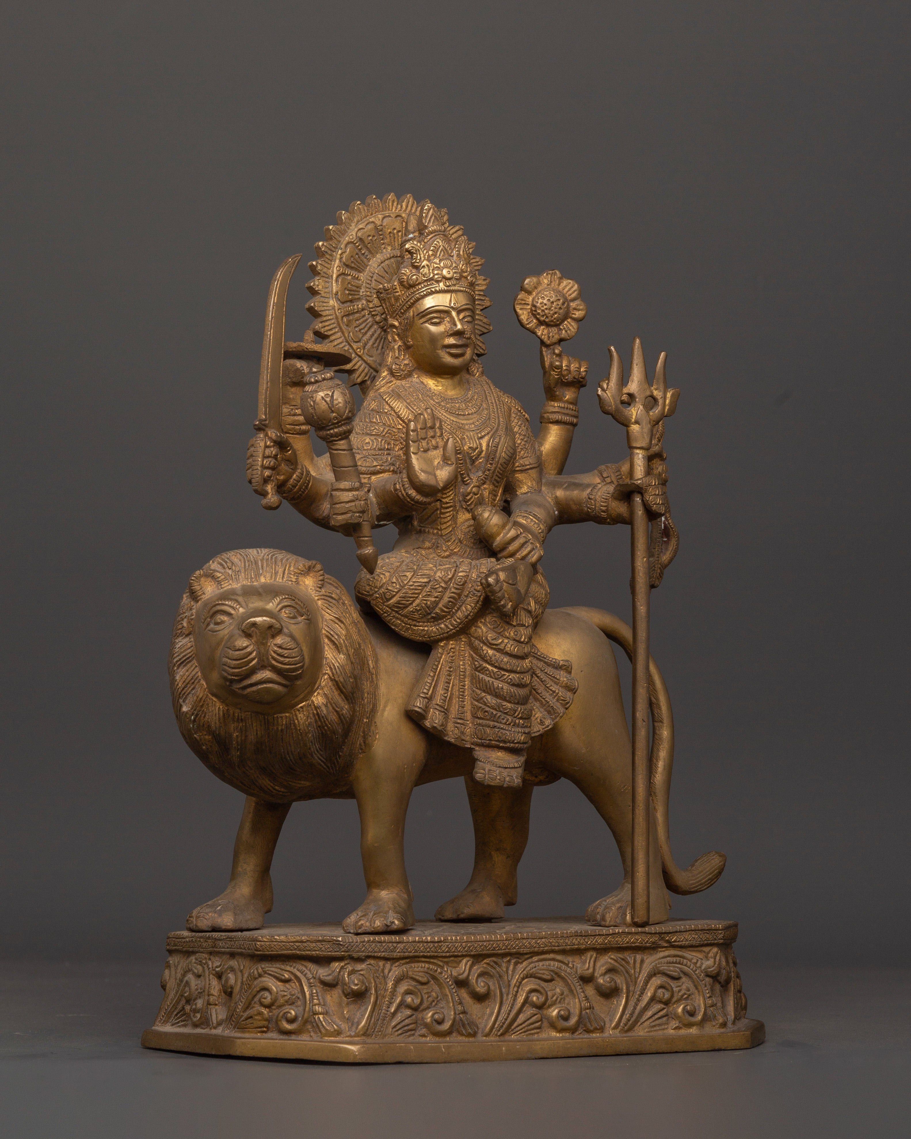 Mighty Goddess Durga Brass Statue | Hindu Deity on Lion