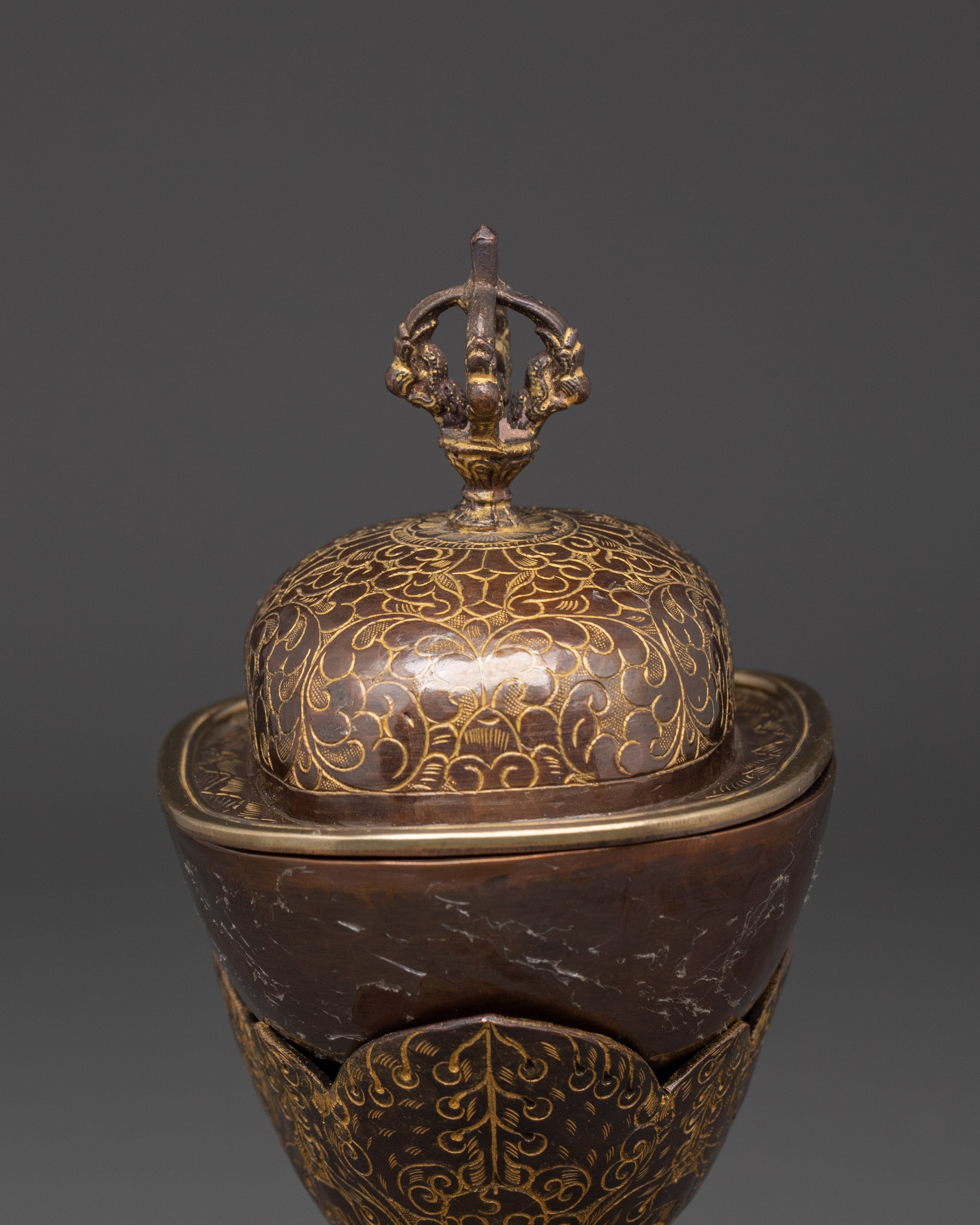 Tibetan Kapala Set for Buddhist Rituals | Oxidized Copper Skull Cup with Vajra Lid