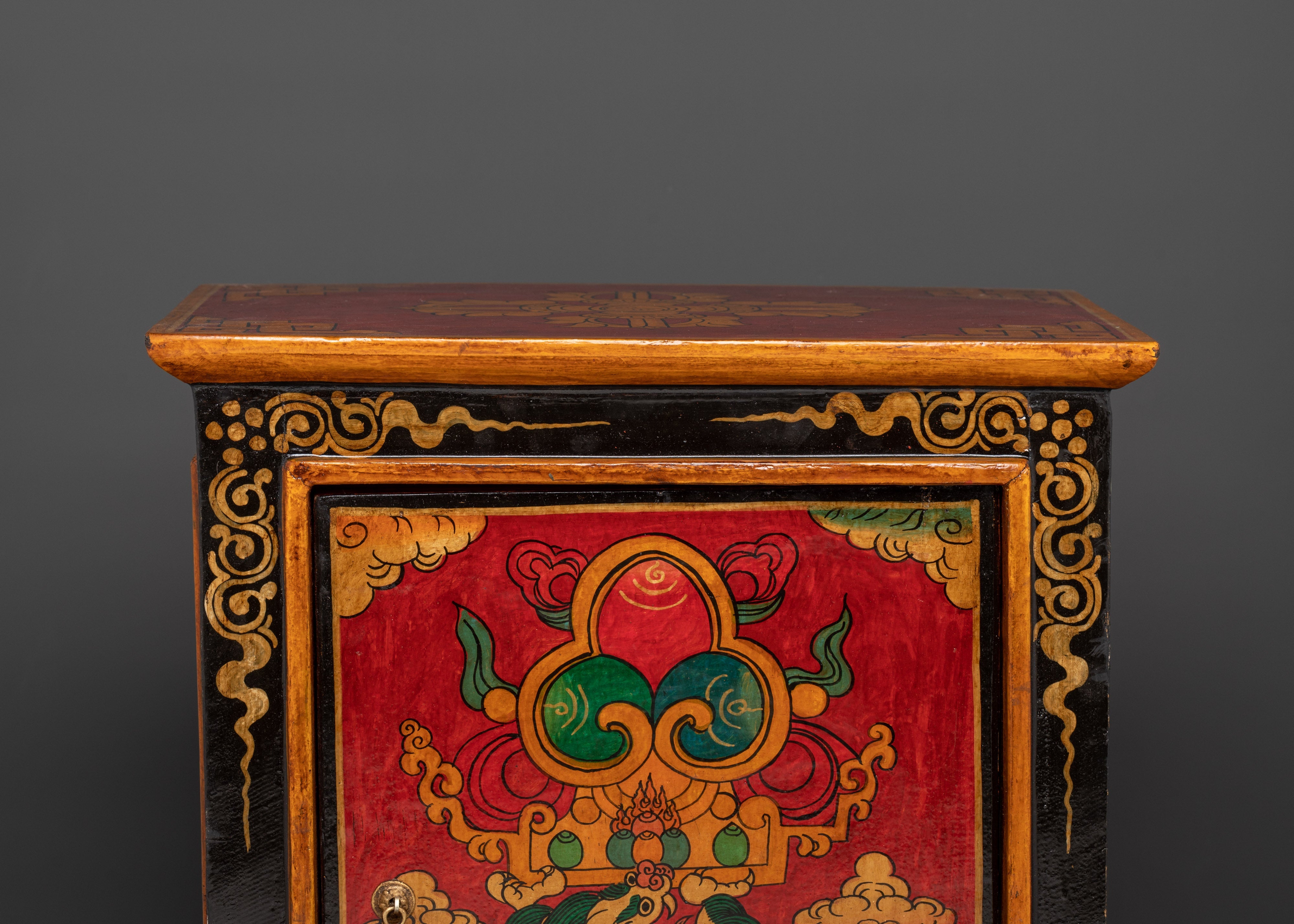 Handcarved Tibetan Wood Cabinet | Engraved Snow Lion Guardian