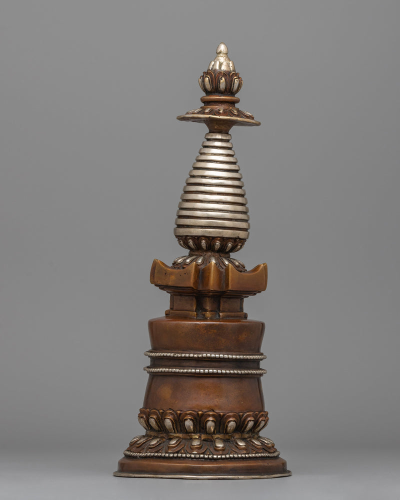 Handcrafted Copper Kadampa stupa with Silver-Plated | Sacred Buddhist Spiritual Symbolizing Decor