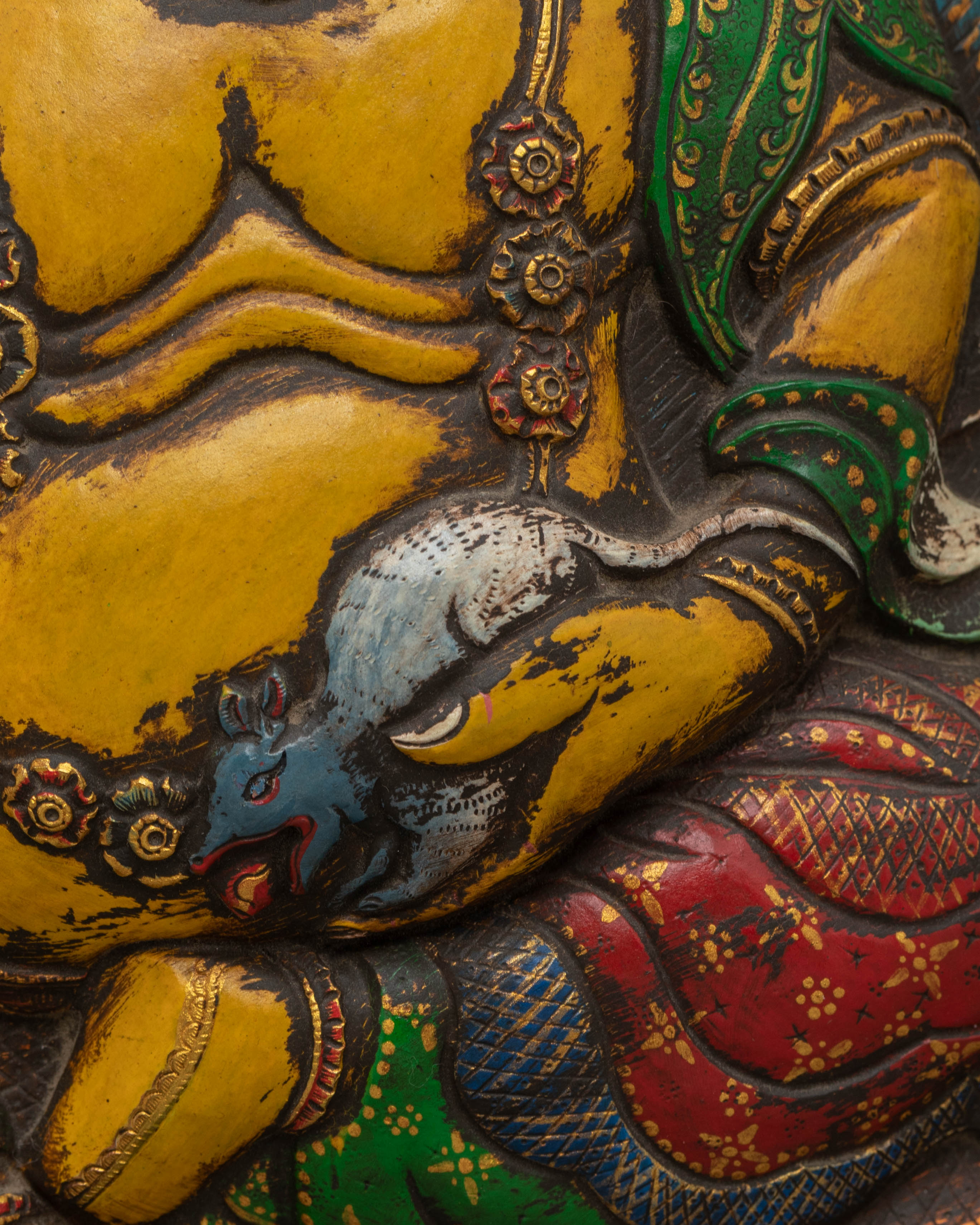 Sacred Yellow Dzambhala Wall Hanging | Tibetan Copper Art for Prosperity