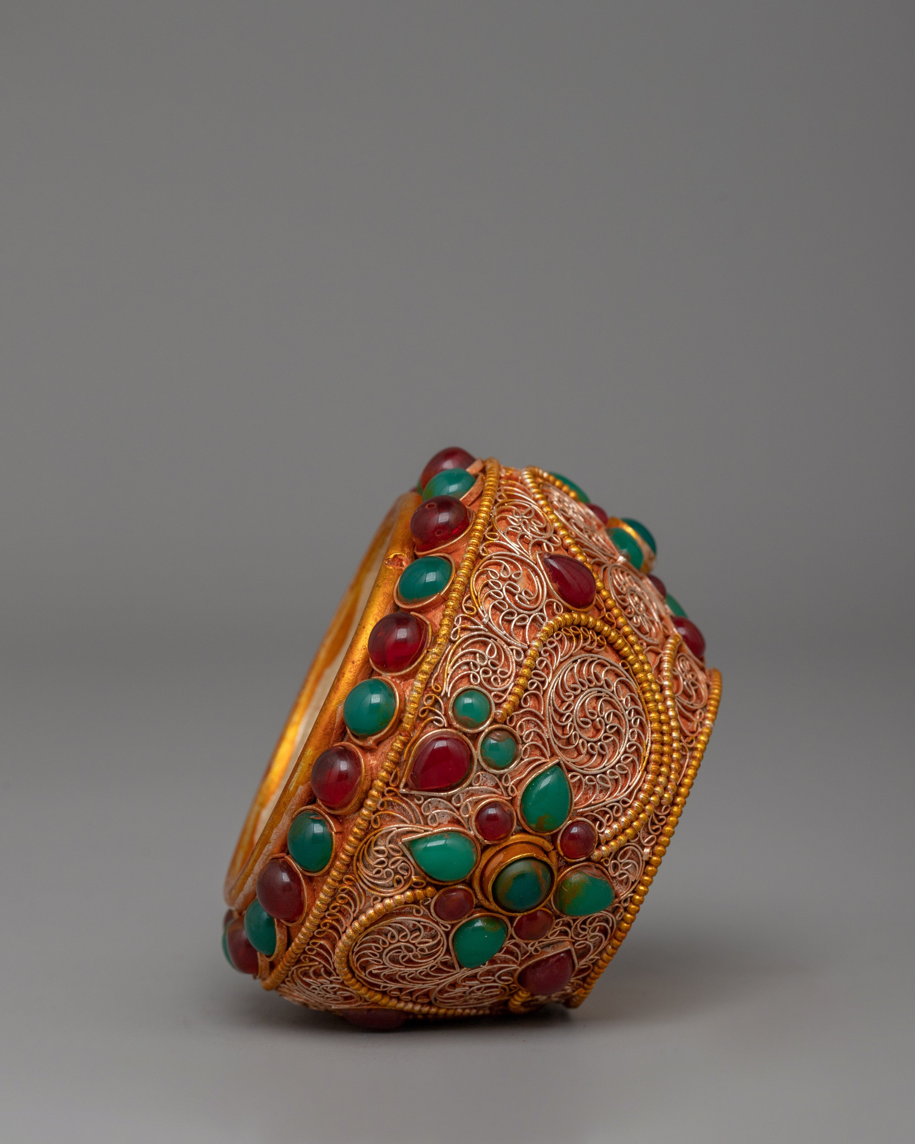 Gold-plated copper Golpa with coral | Tibetan Altar Offering Vessel