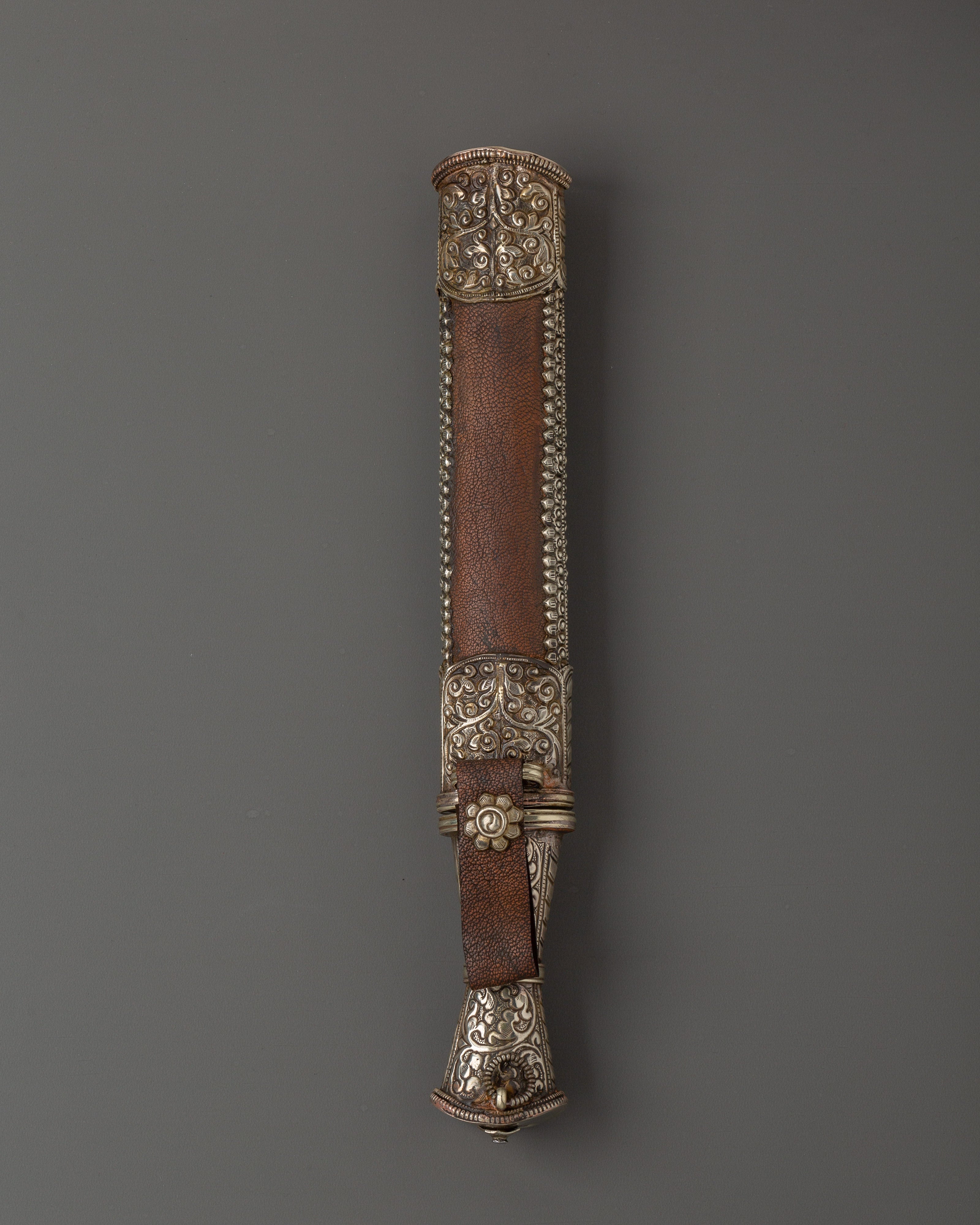 Tibetan Sword with White Metal | Ritual Item with Turquoise and Coral Gems