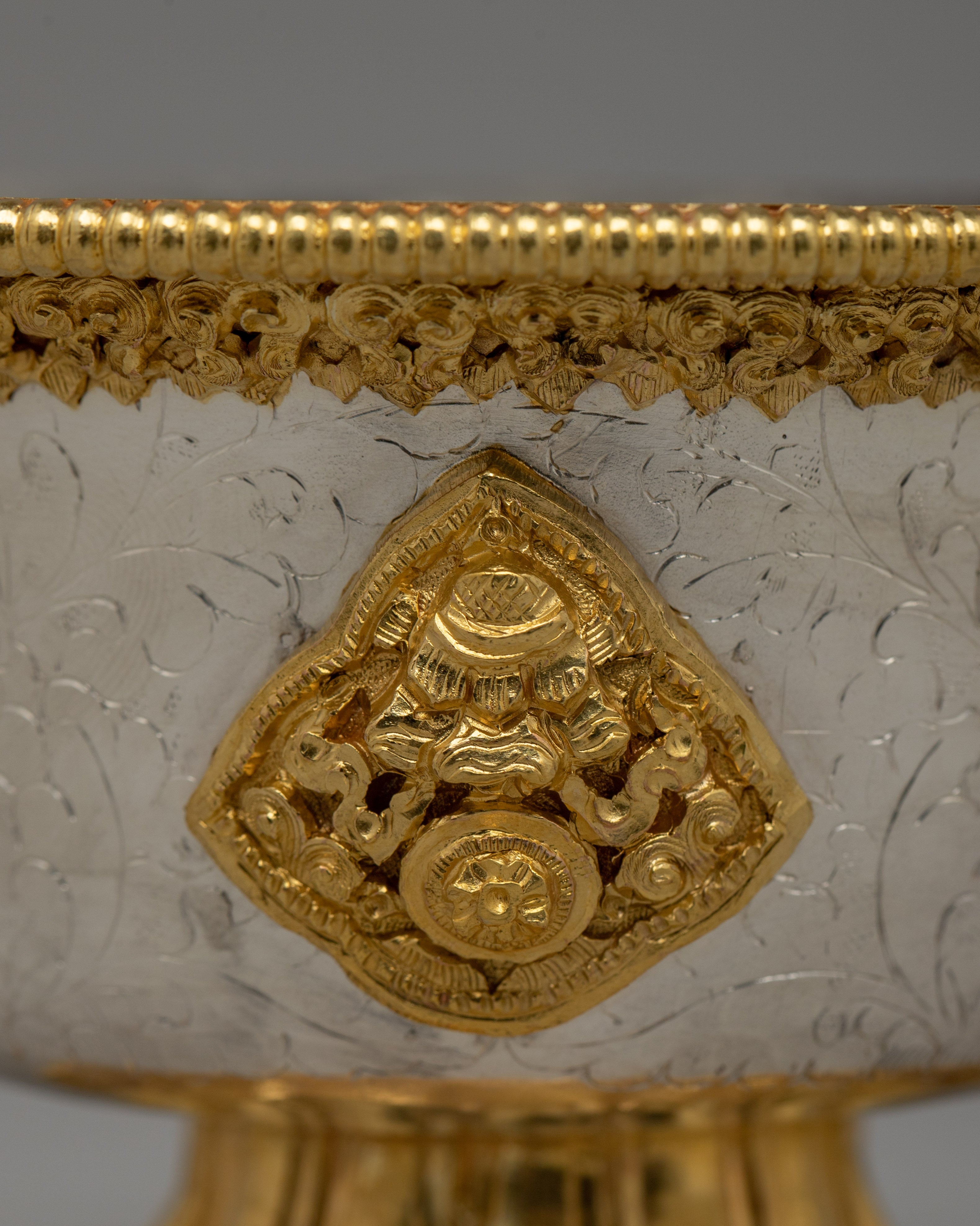 Handcrafted Silver Body and Gold-Plated Offering Bowls | Sacred Buddhist Decor Item