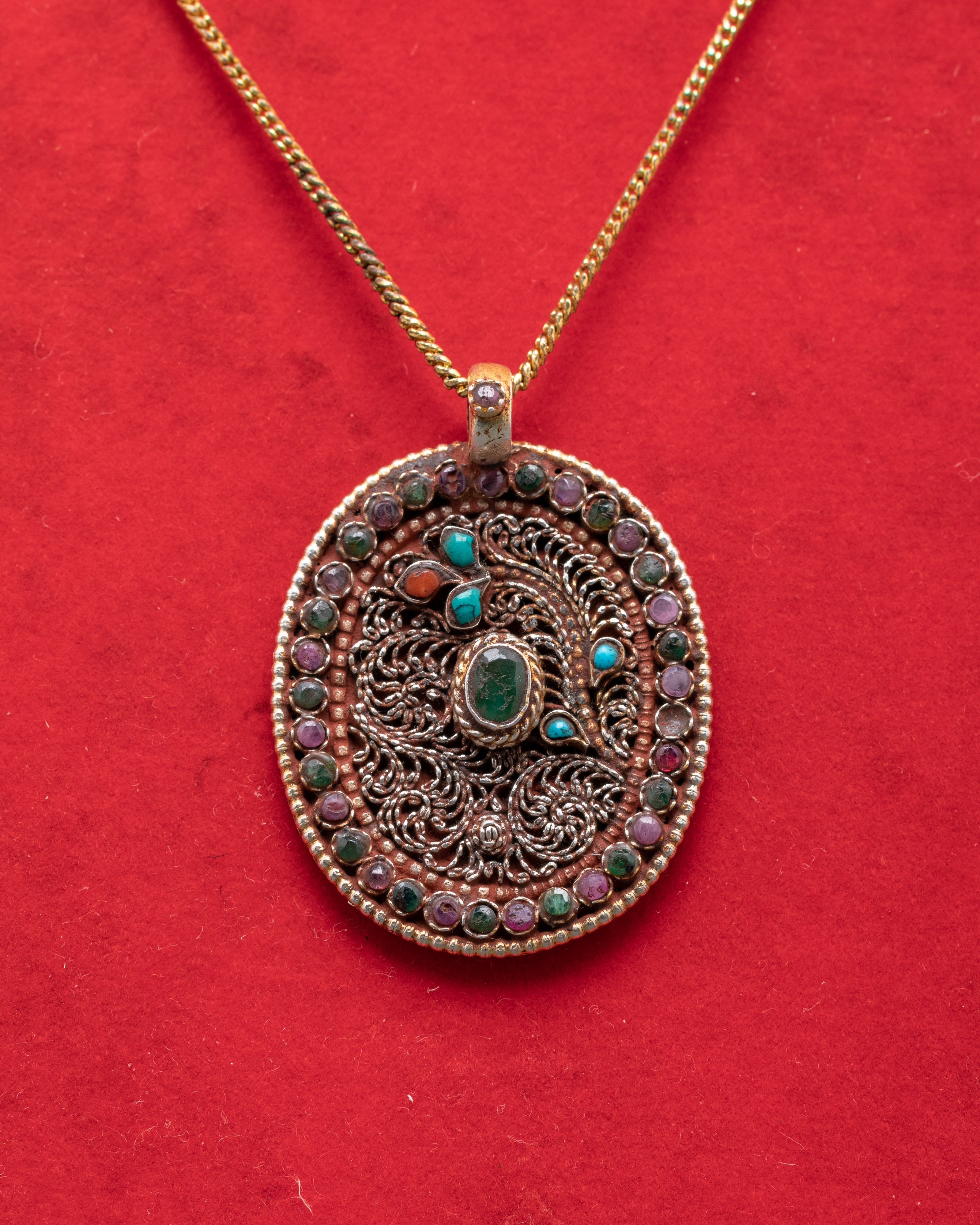 Silver Pendant with Intricate Filigree Design | Panna, Ruby, Coral & Turquoise Stones