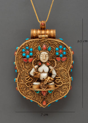 Gold Plated Deity Pendant with Coral | Sacred Buddhist Amulet Pendant