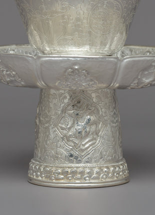 Traditional Silver Tea Cup with Red Stone on Top | Tibetan Buddhism Decor