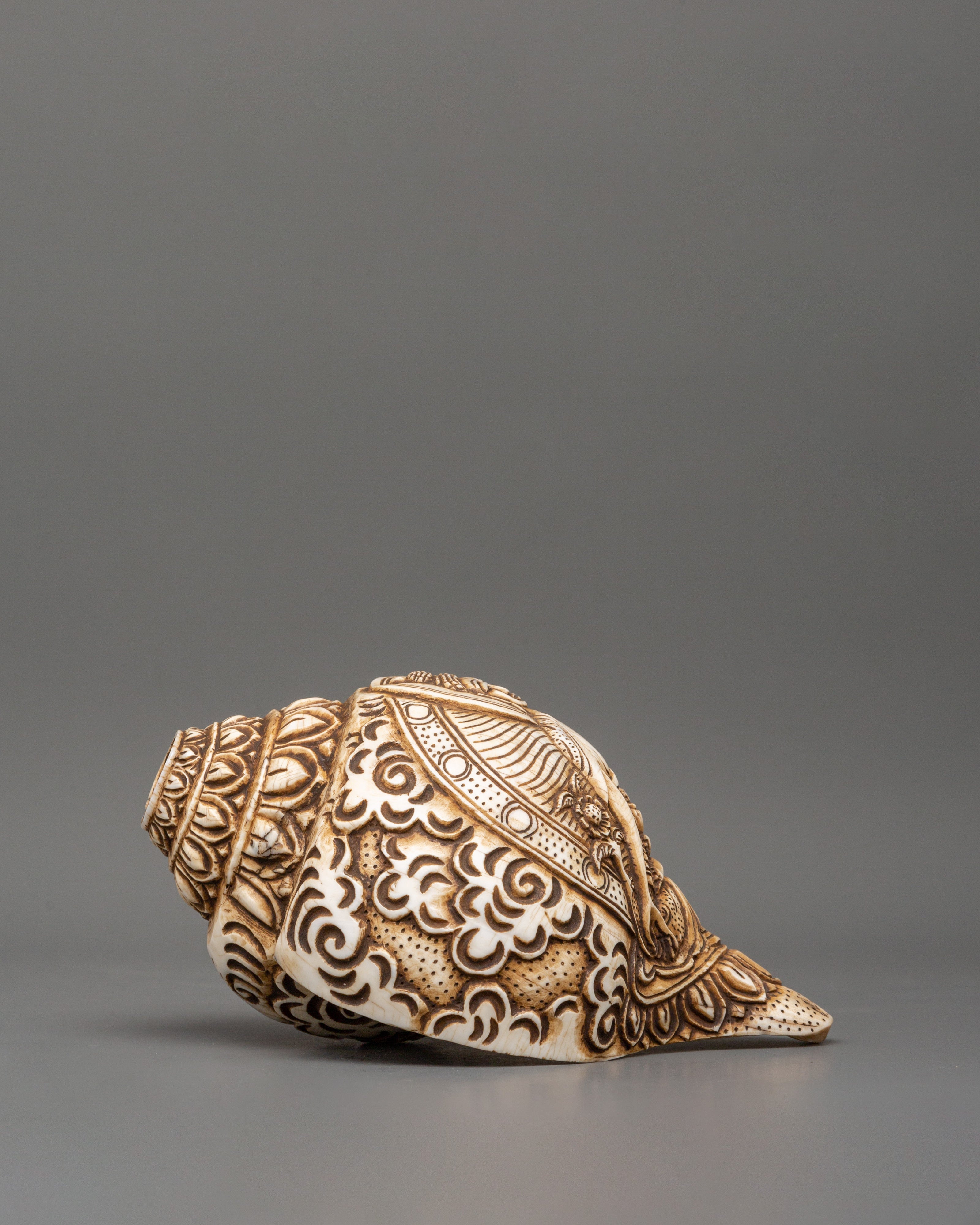 Medicine Buddha Carved Conch | Spiritual Buddhist Intricate Artwork